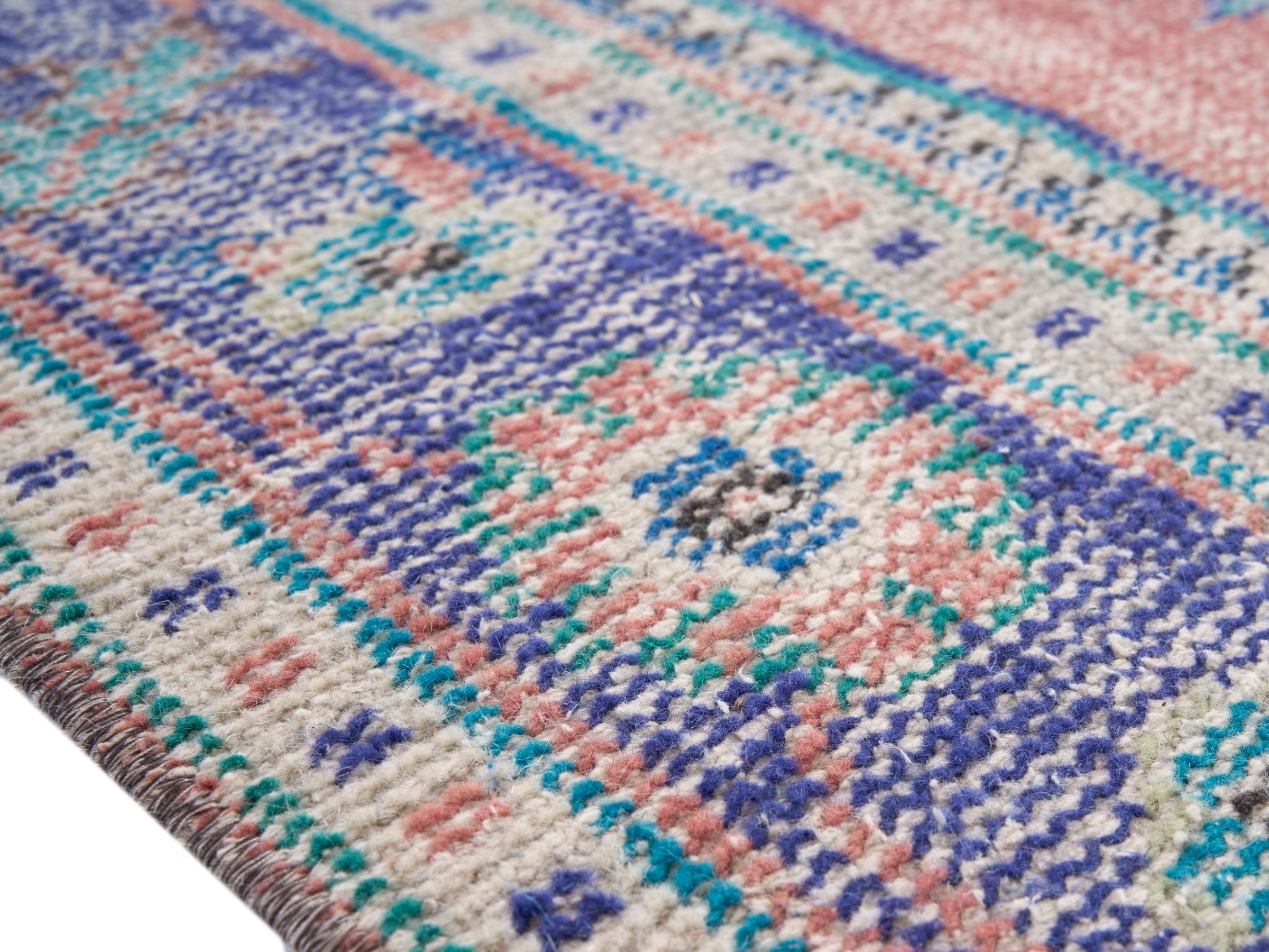 Turkish Manisa area rug in dusty rose and slate blue, view 6 of 10