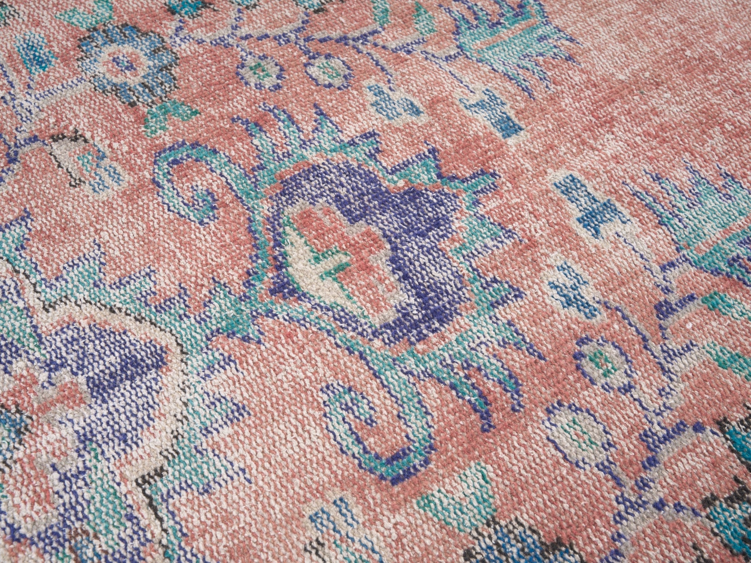 Turkish Manisa area rug in dusty rose and slate blue, view 7 of 10