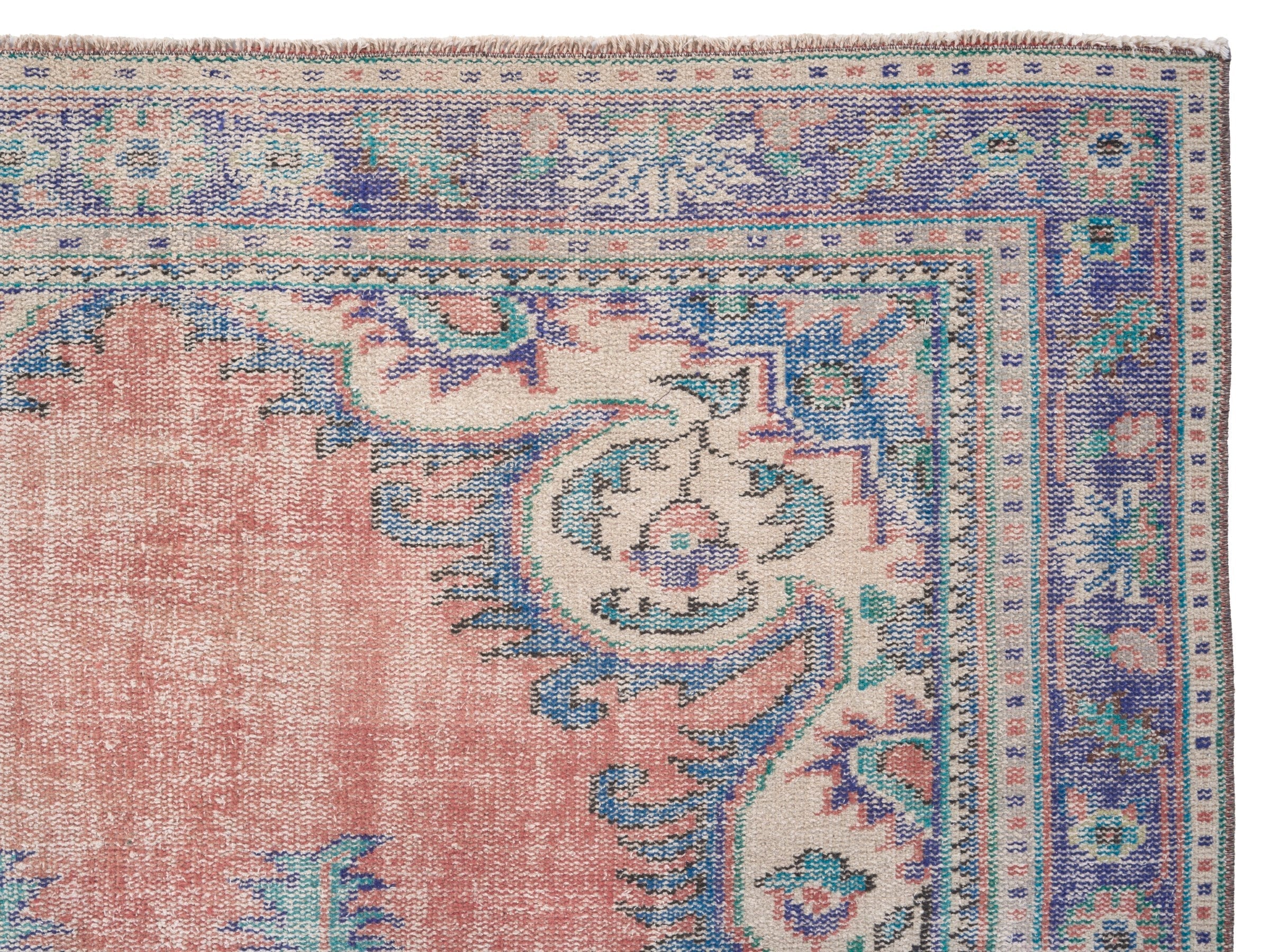 Turkish Manisa area rug in dusty rose and slate blue, view 8 of 10