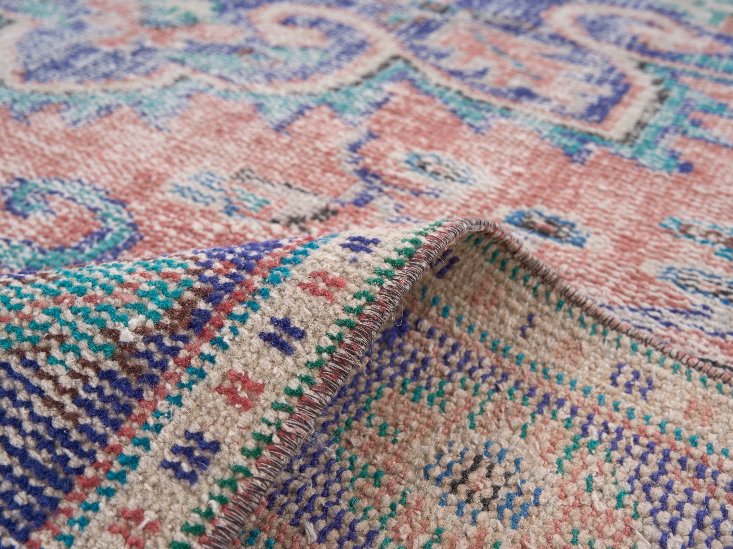 Turkish Manisa area rug in dusty rose and slate blue, view 9 of 10