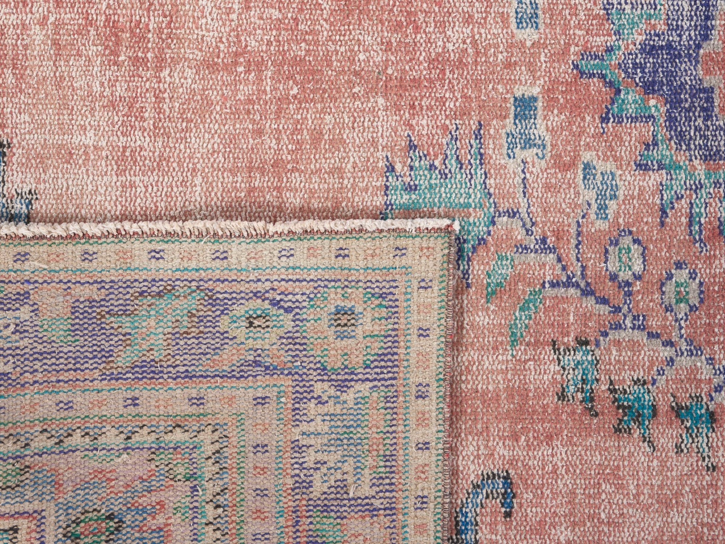Turkish Manisa area rug in dusty rose and slate blue, view 10 of 10