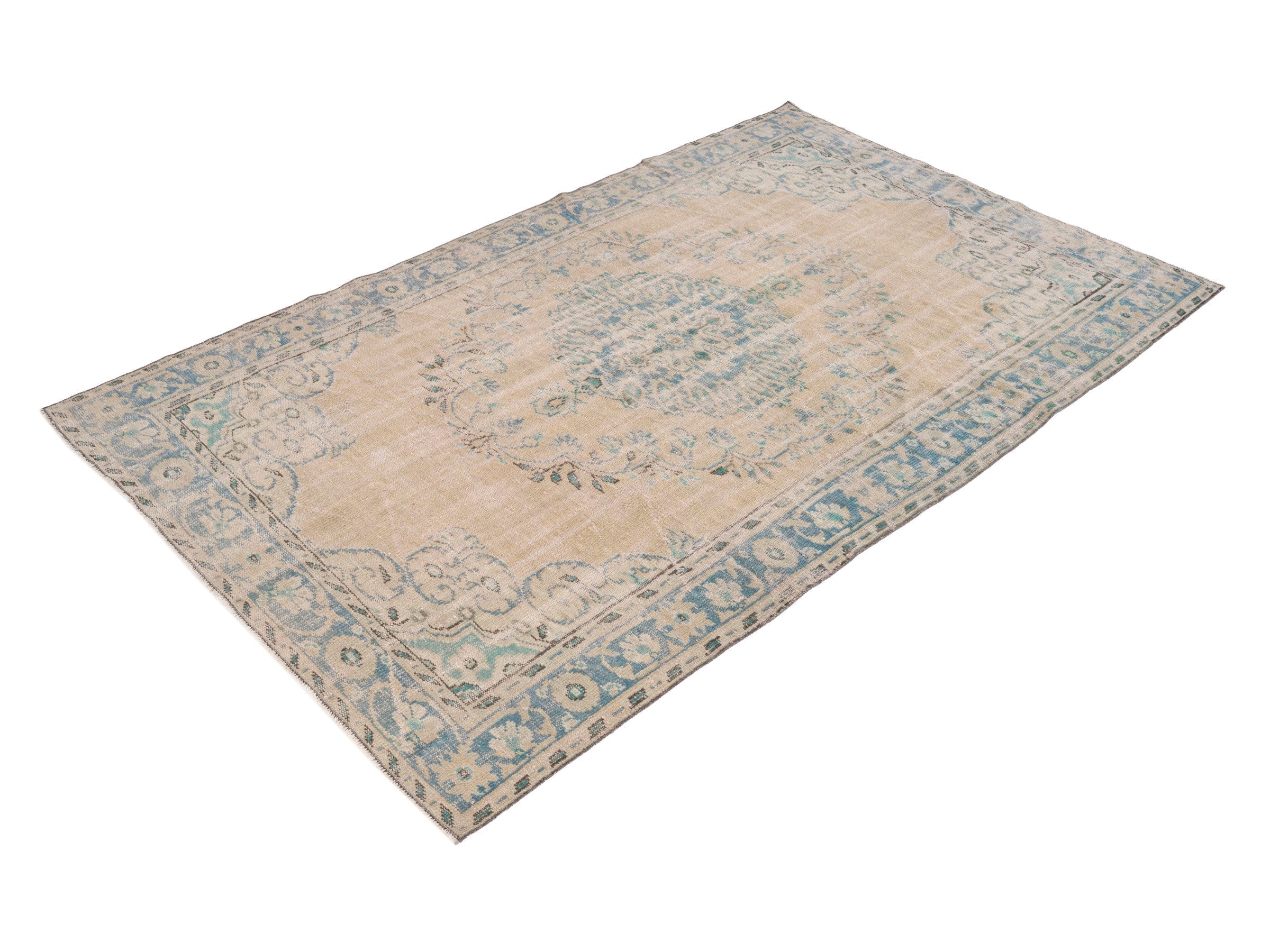 Turkish Manisa area rug in beige and blue gray, view 3 of 10