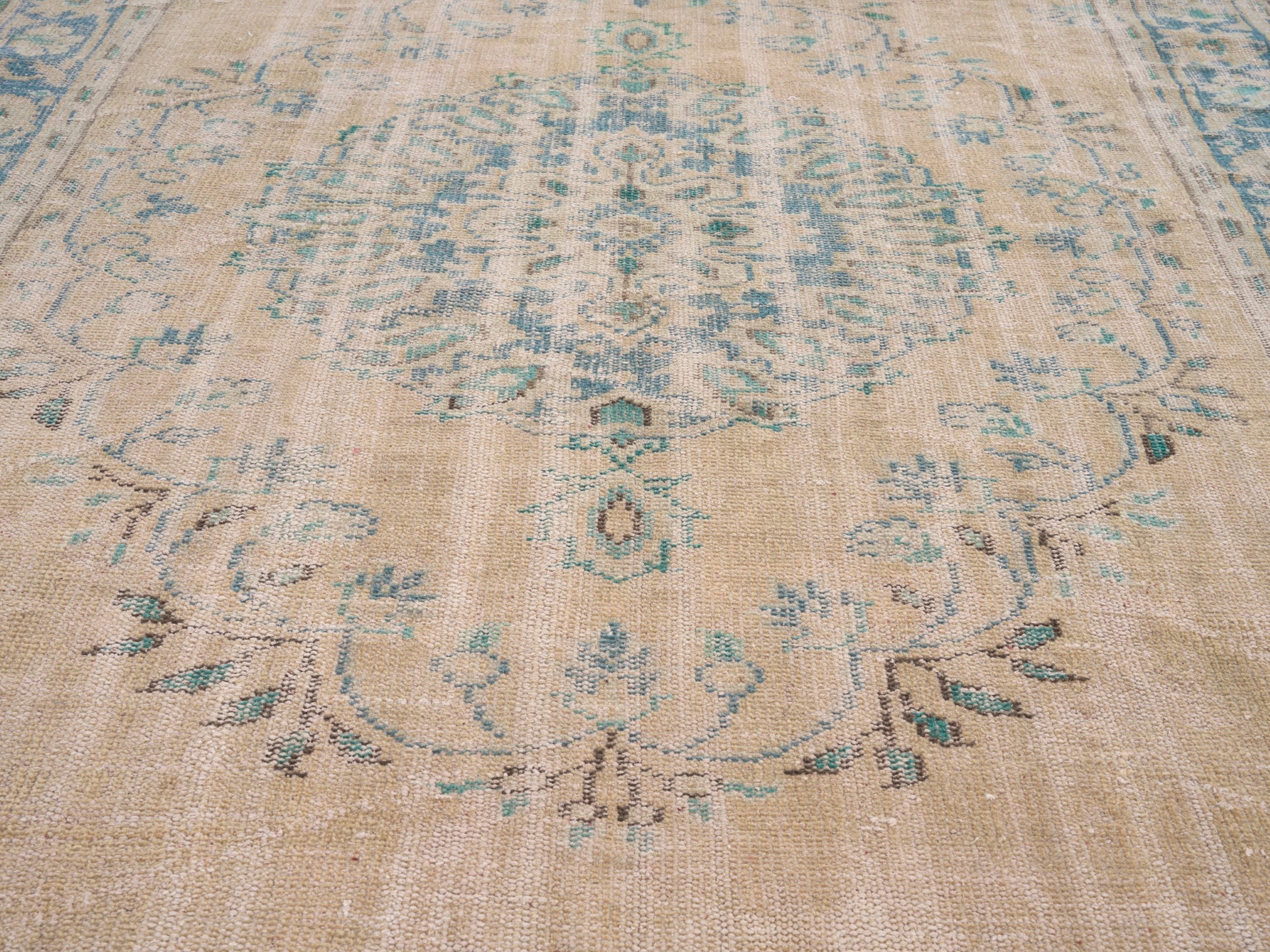 Turkish Manisa area rug in beige and blue gray, view 4 of 10
