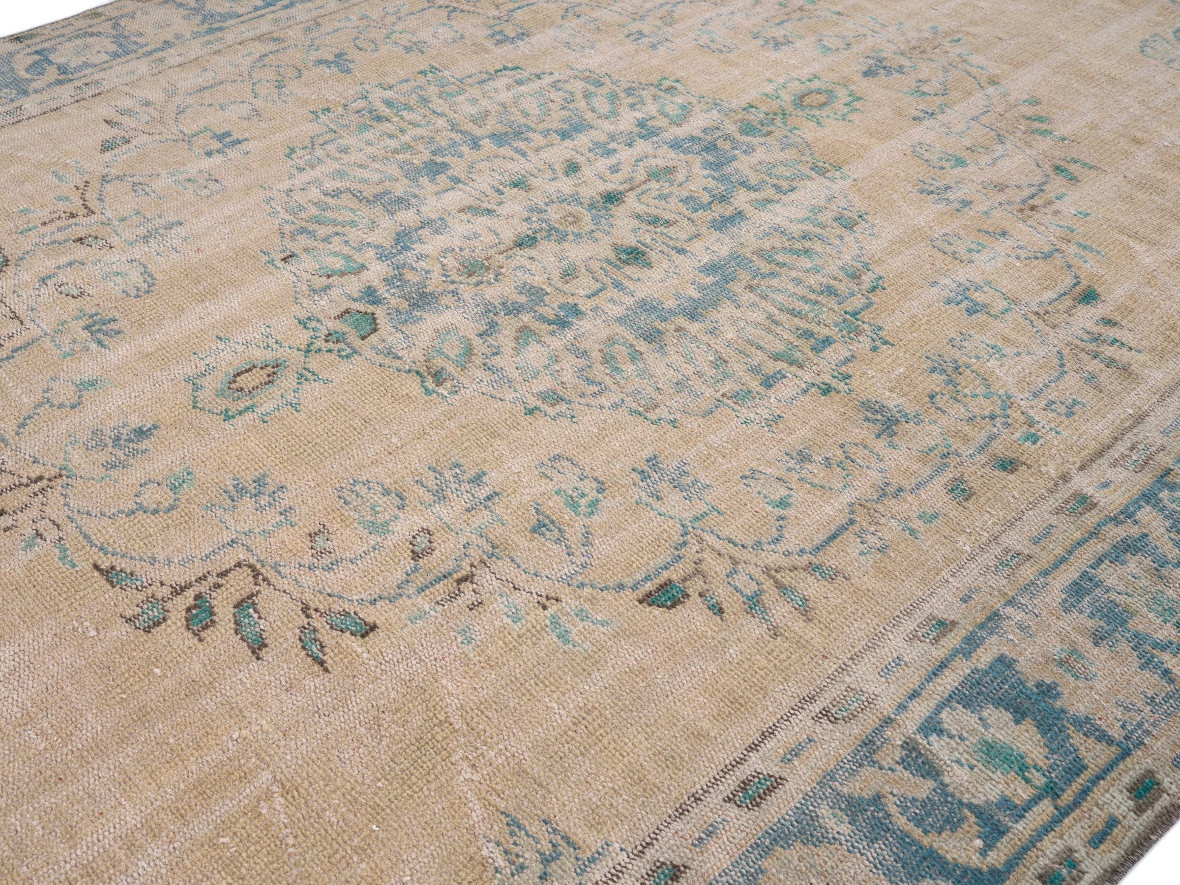 Turkish Manisa area rug in beige and blue gray, view 5 of 10