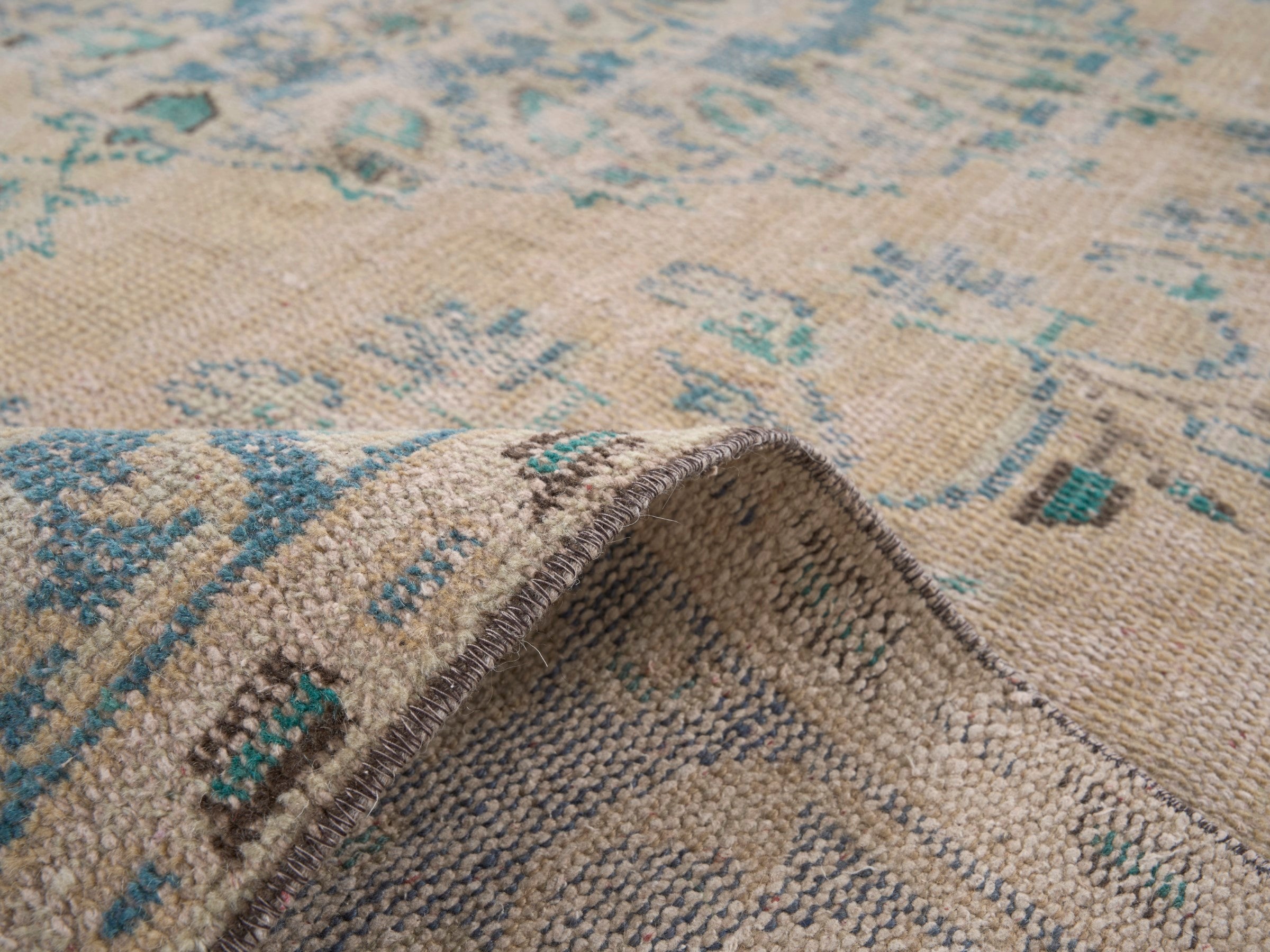 Turkish Manisa area rug in beige and blue gray, view 9 of 10