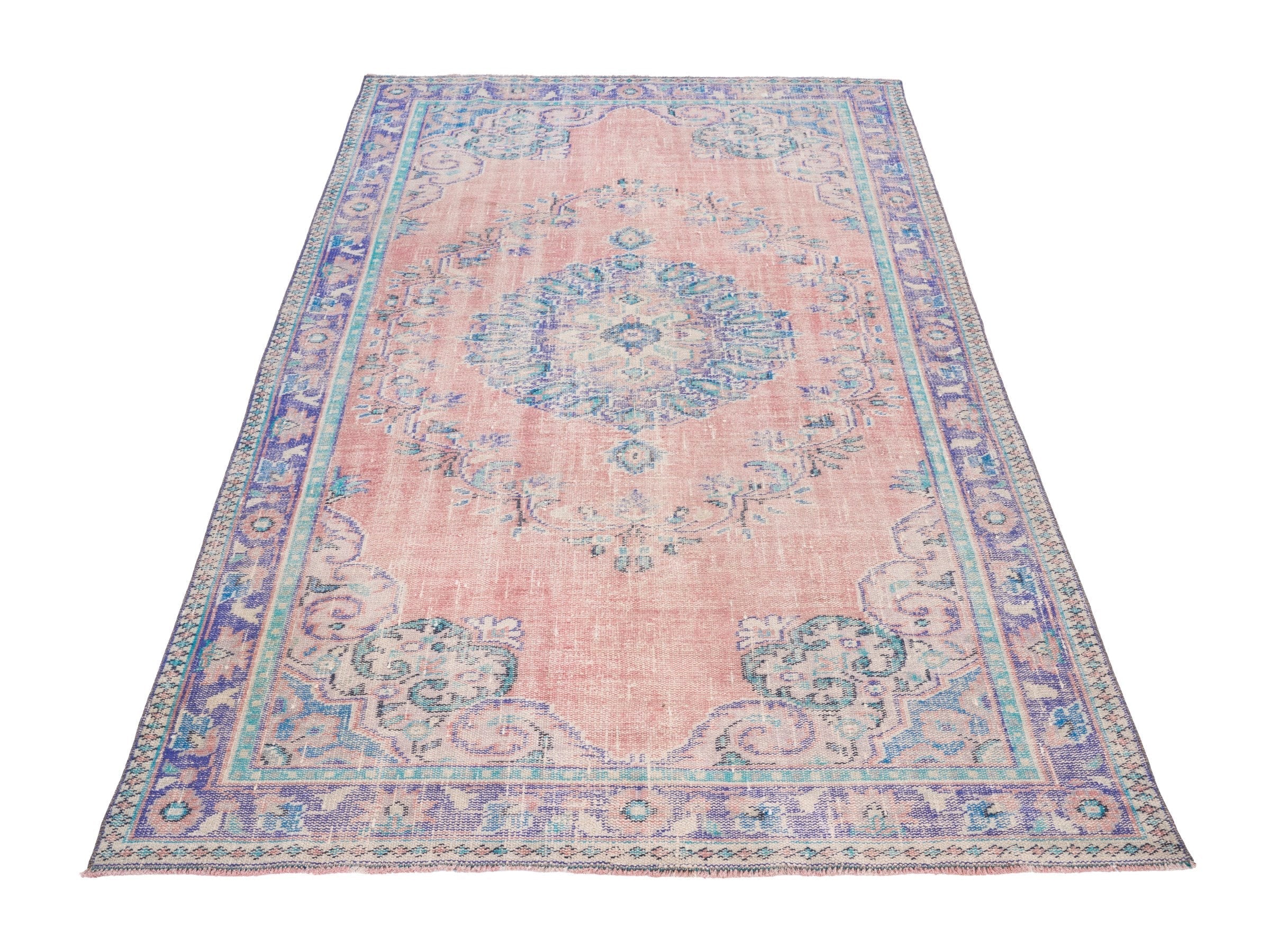 Turkish Manisa area rug in muted pink and denim, view 2 of 10
