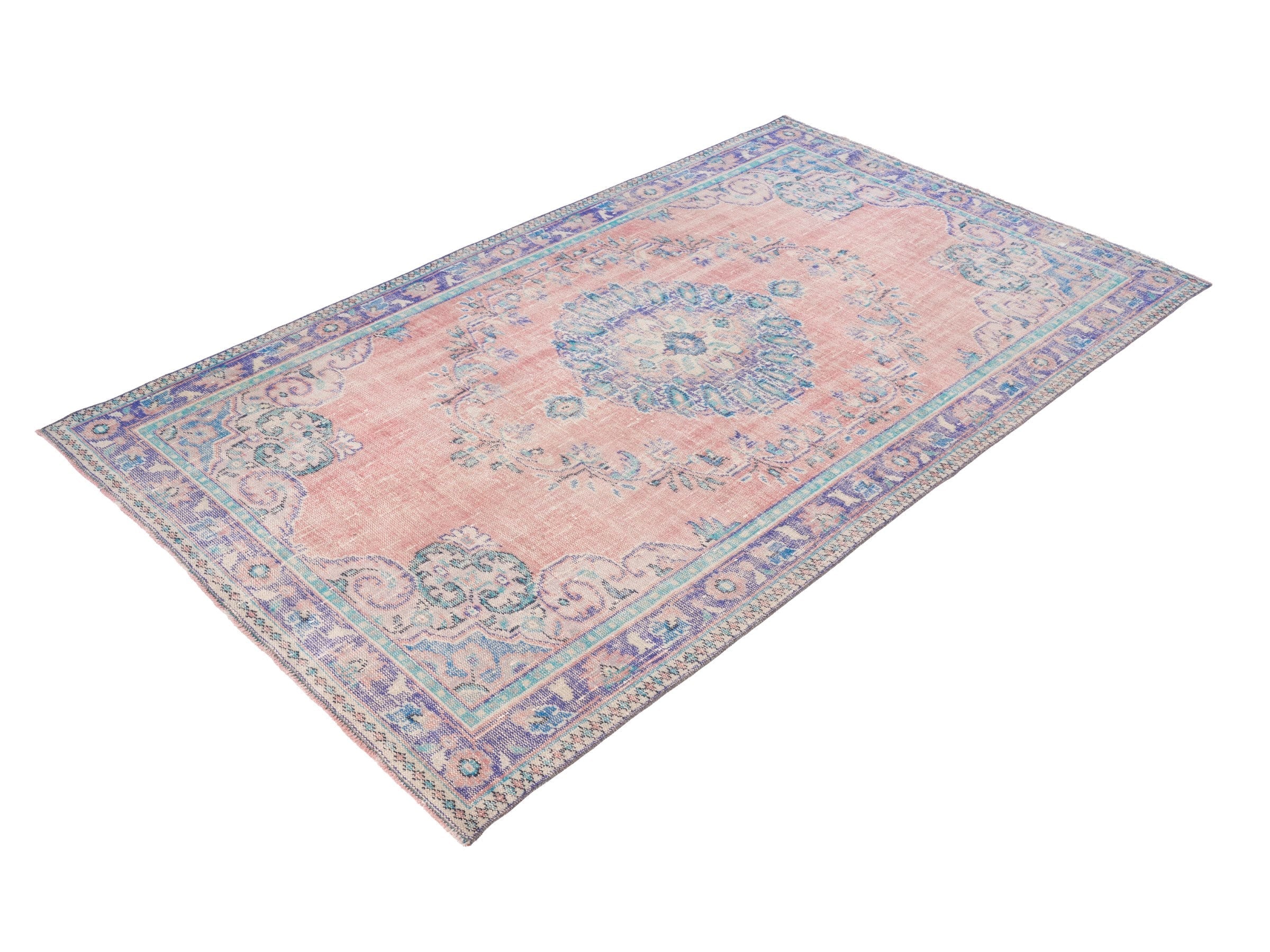 Turkish Manisa area rug in muted pink and denim, view 3 of 10