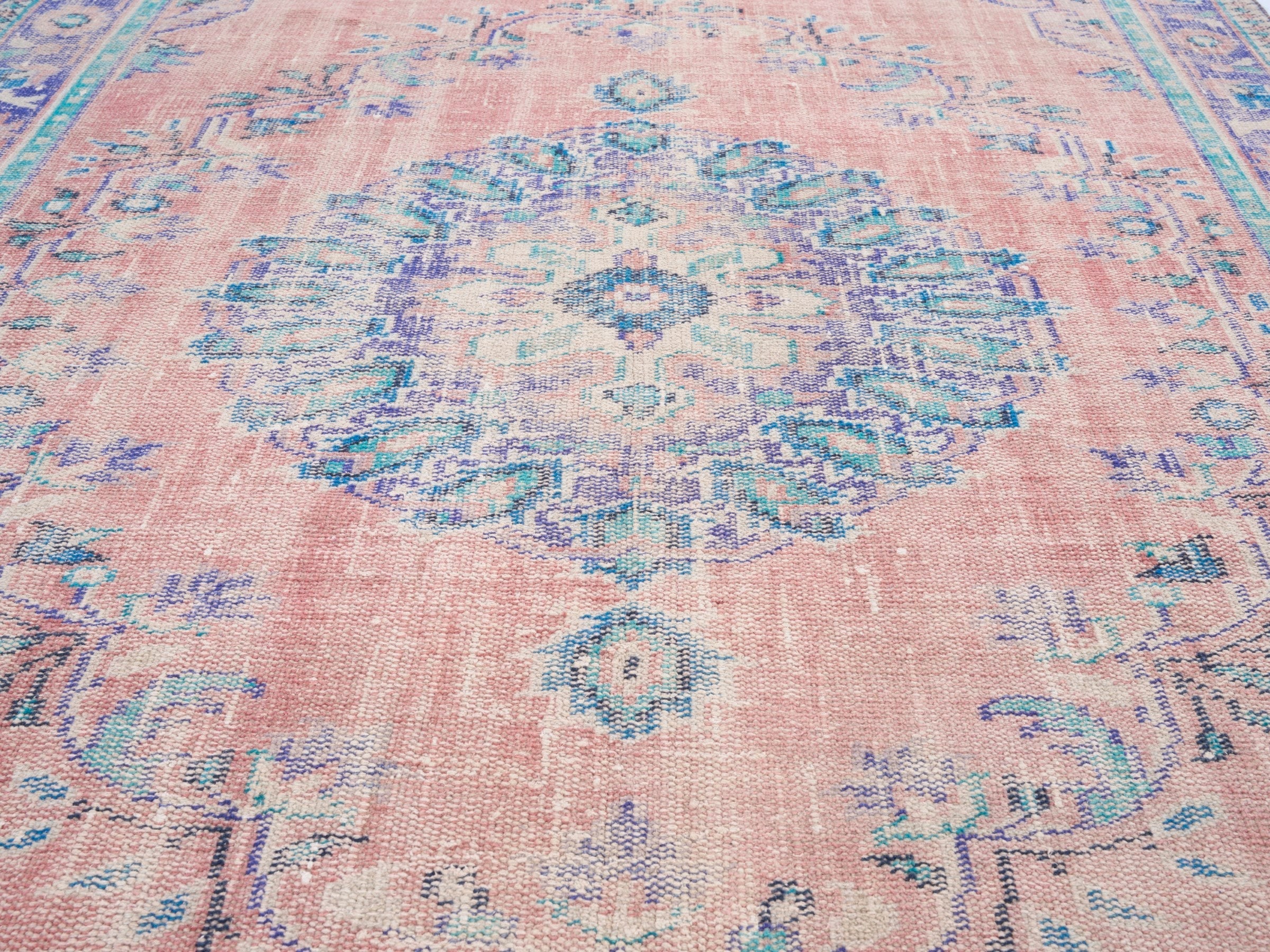 Turkish Manisa area rug in muted pink and denim, view 4 of 10