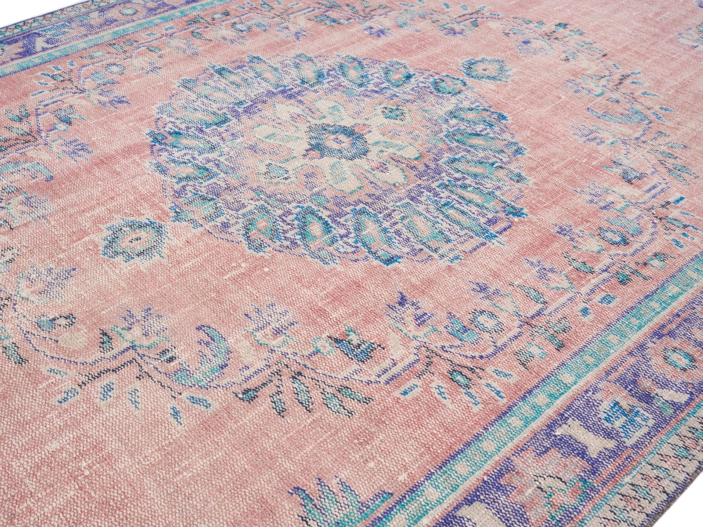 Turkish Manisa area rug in muted pink and denim, view 5 of 10