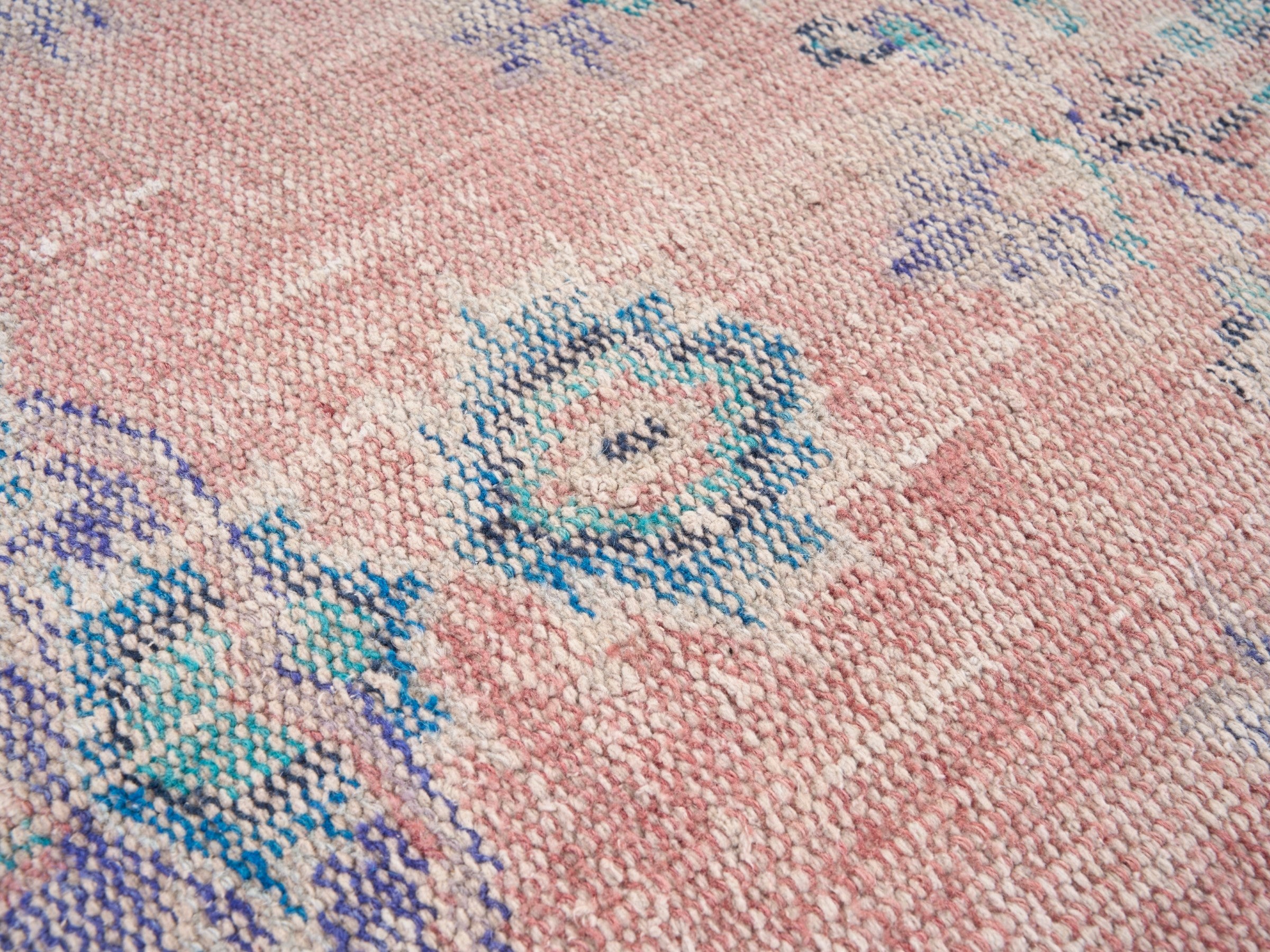 Turkish Manisa area rug in muted pink and denim, view 7 of 10