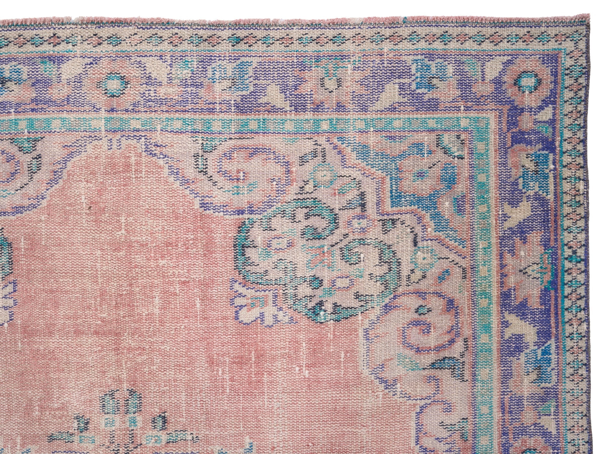 Turkish Manisa area rug in muted pink and denim, view 8 of 10