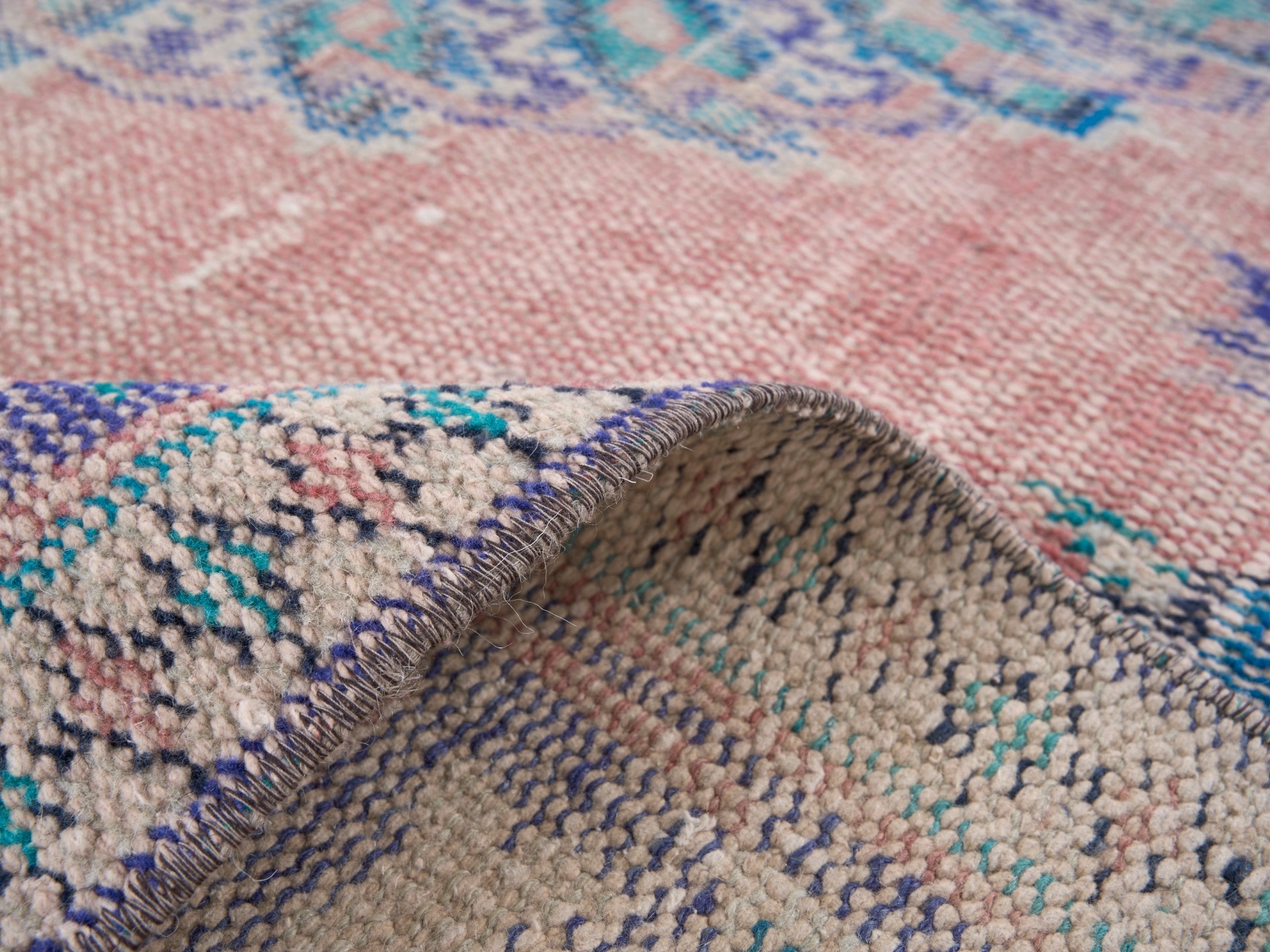 Turkish Manisa area rug in muted pink and denim, view 9 of 10