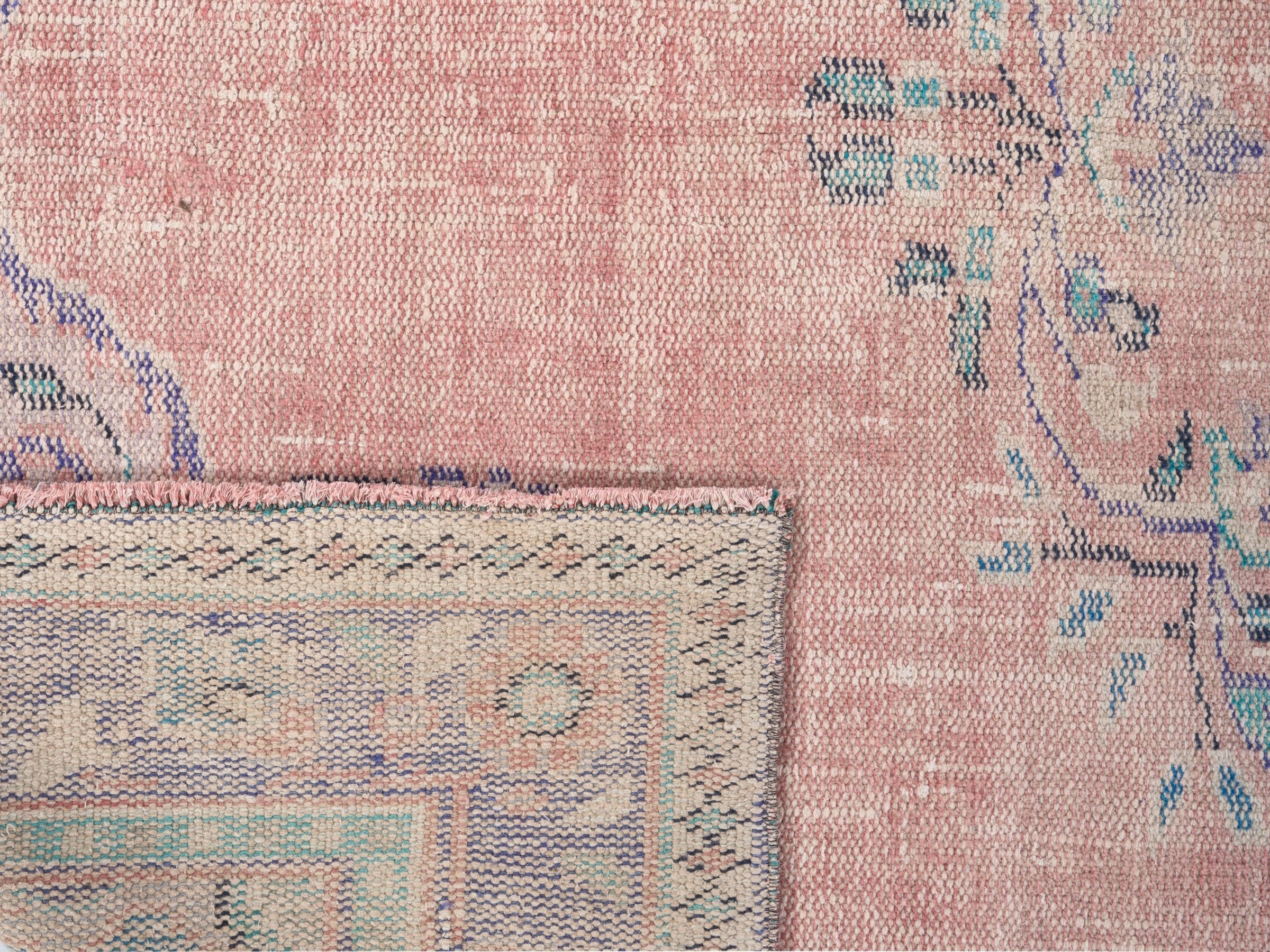 Turkish Manisa area rug in muted pink and denim, view 10 of 10