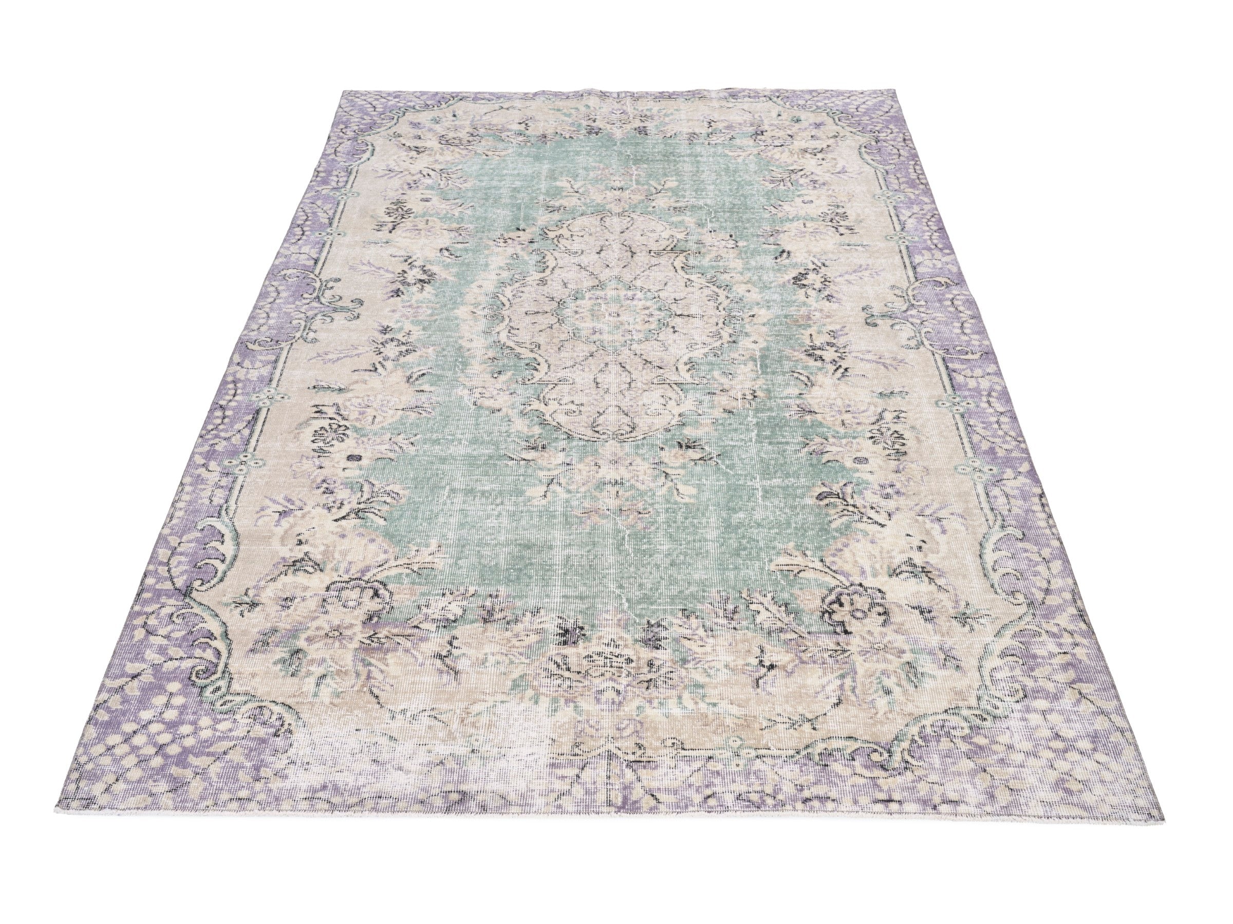 Turkish Isparta area rug in sage and cream, view 2 of 10