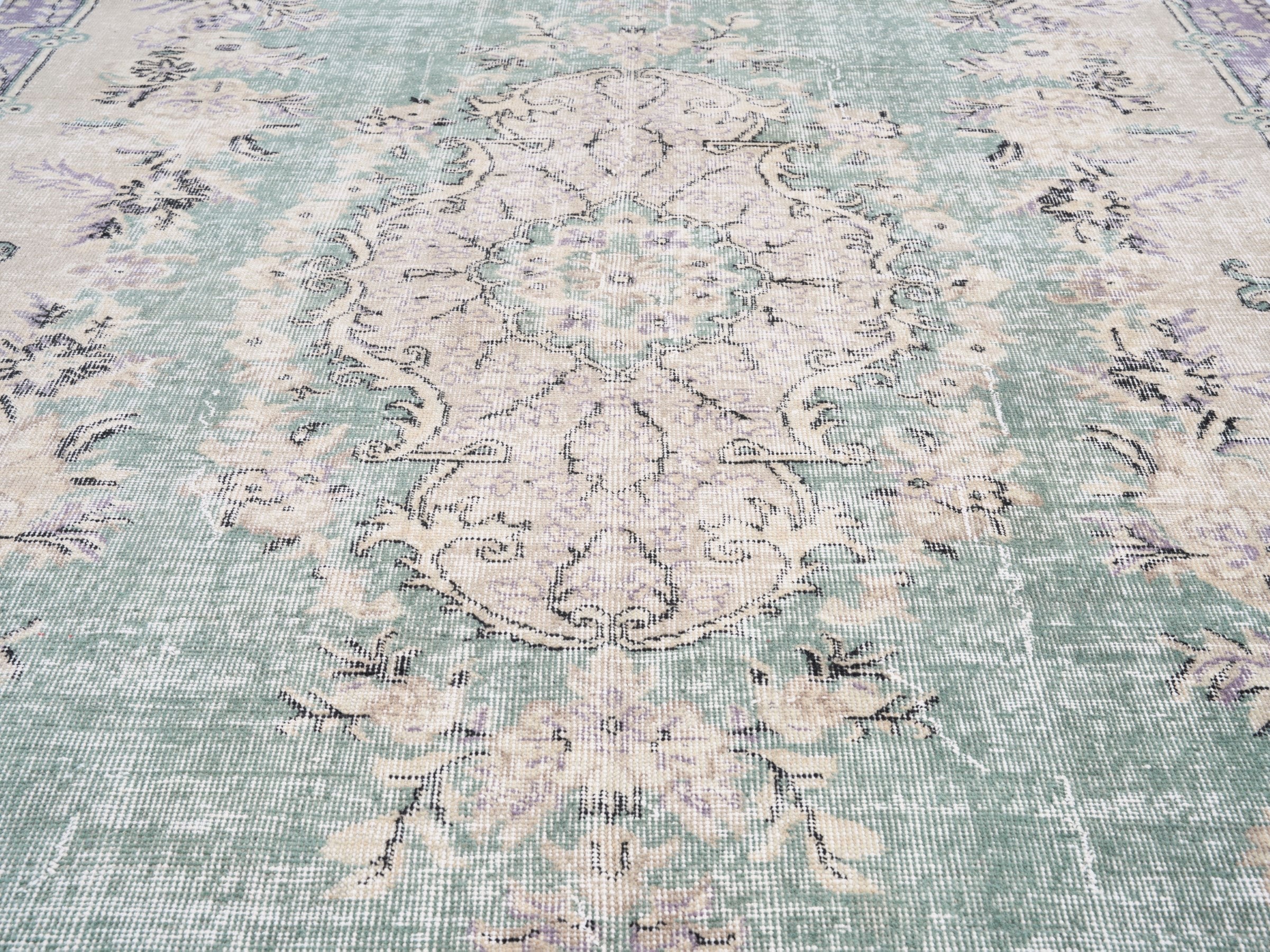 Turkish Isparta area rug in sage and cream, view 4 of 10