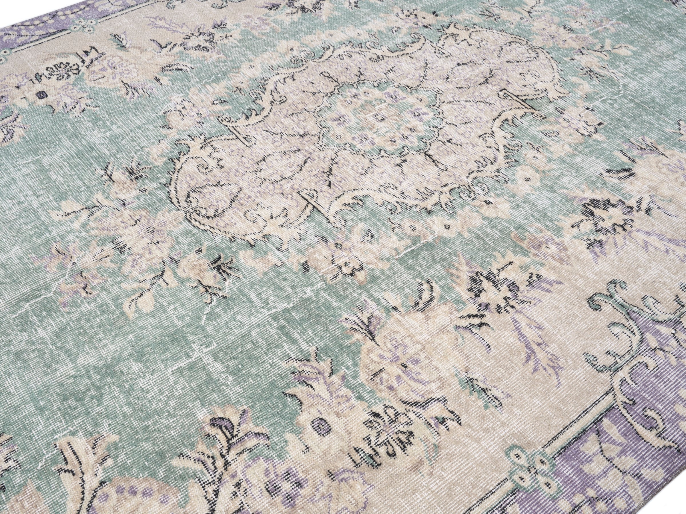 Turkish Isparta area rug in sage and cream, view 5 of 10