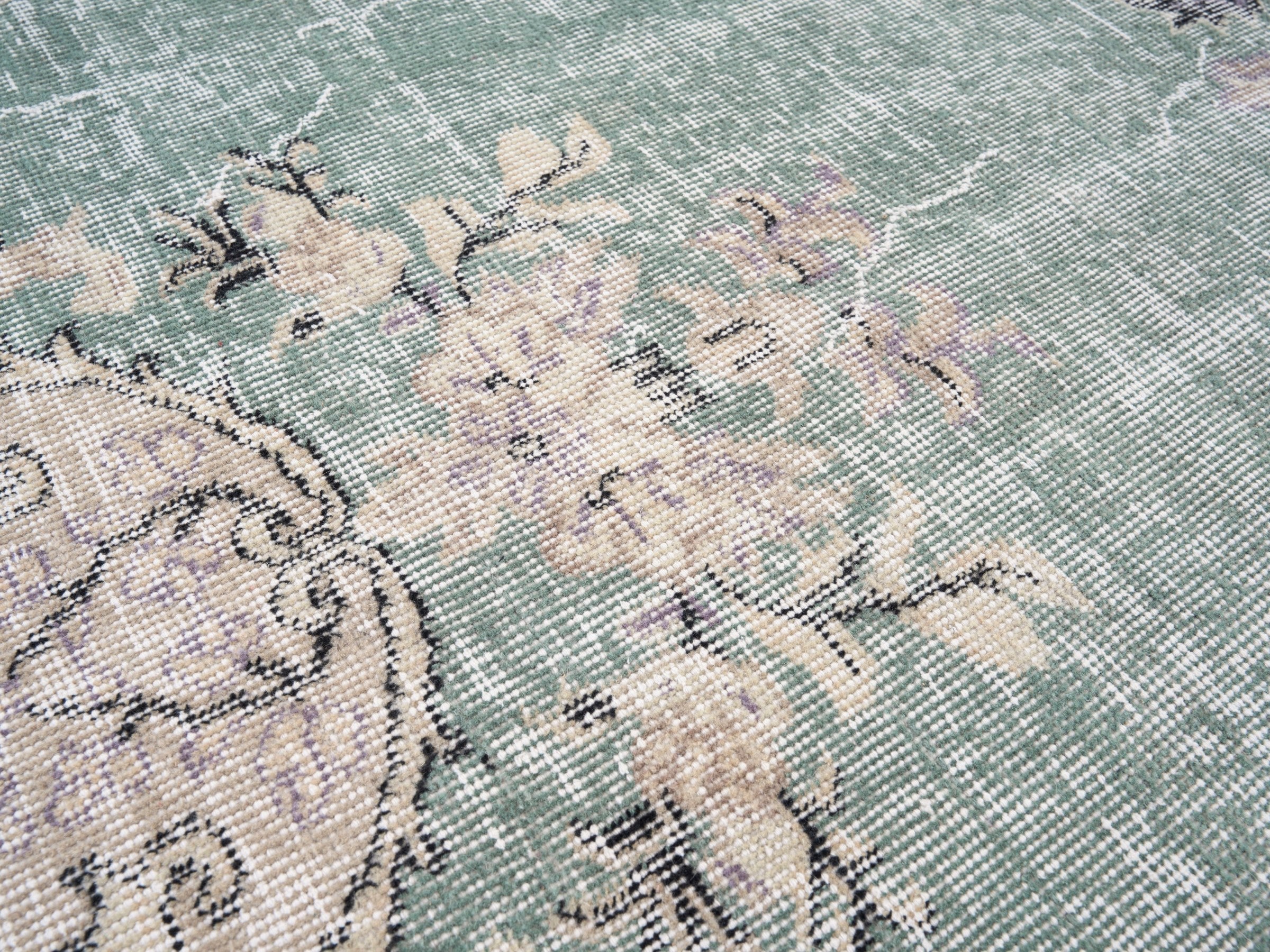 Turkish Isparta area rug in sage and cream, view 7 of 10