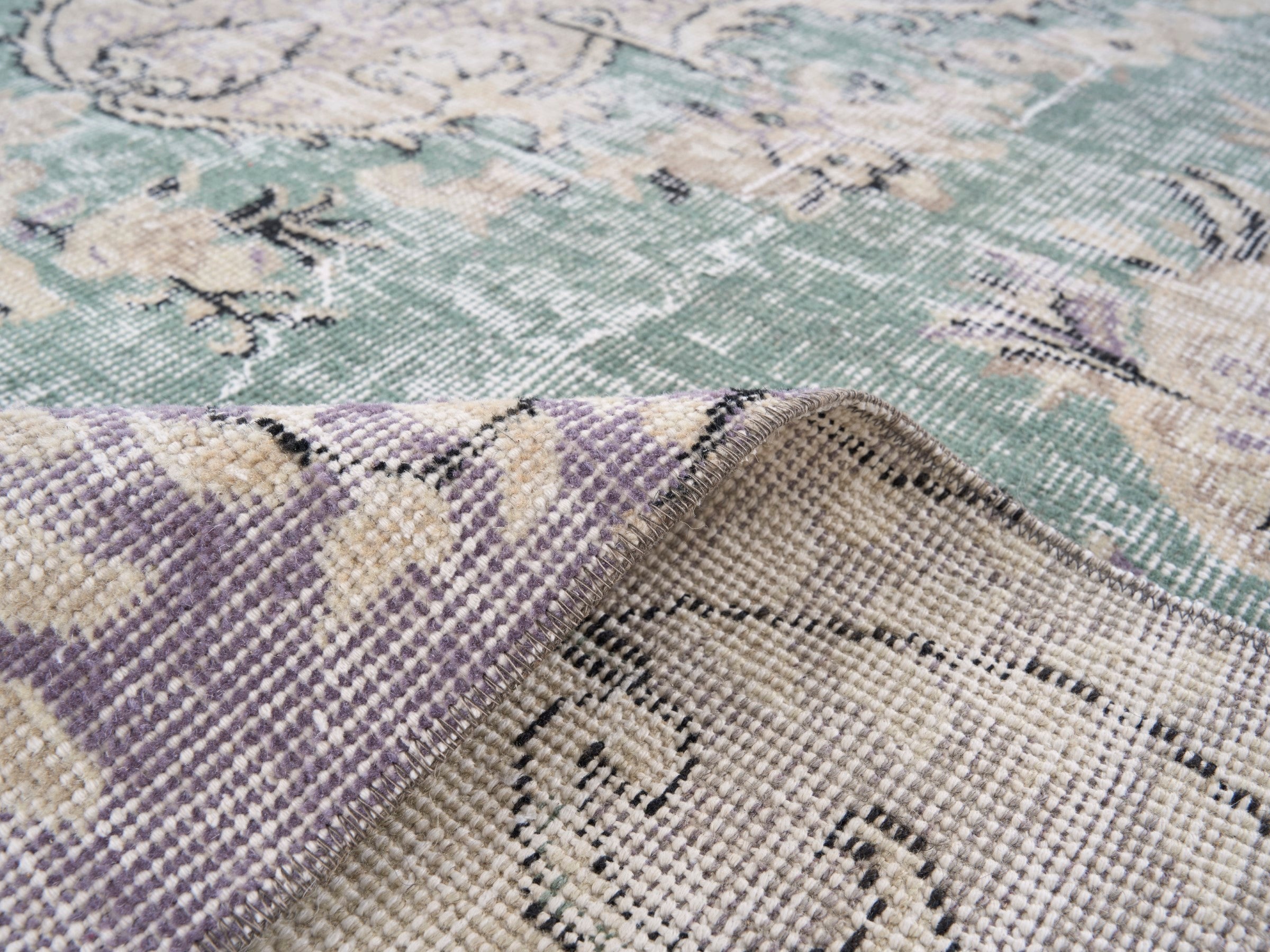 Turkish Isparta area rug in sage and cream, view 9 of 10
