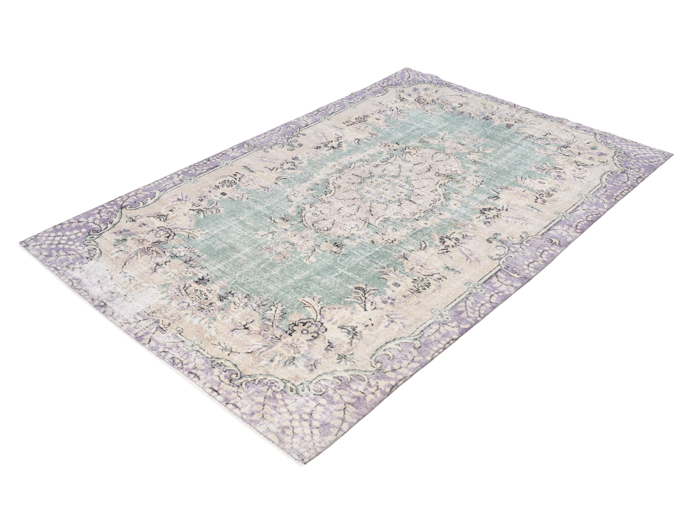 Turkish Isparta area rug in sage and cream, view 3 of 10