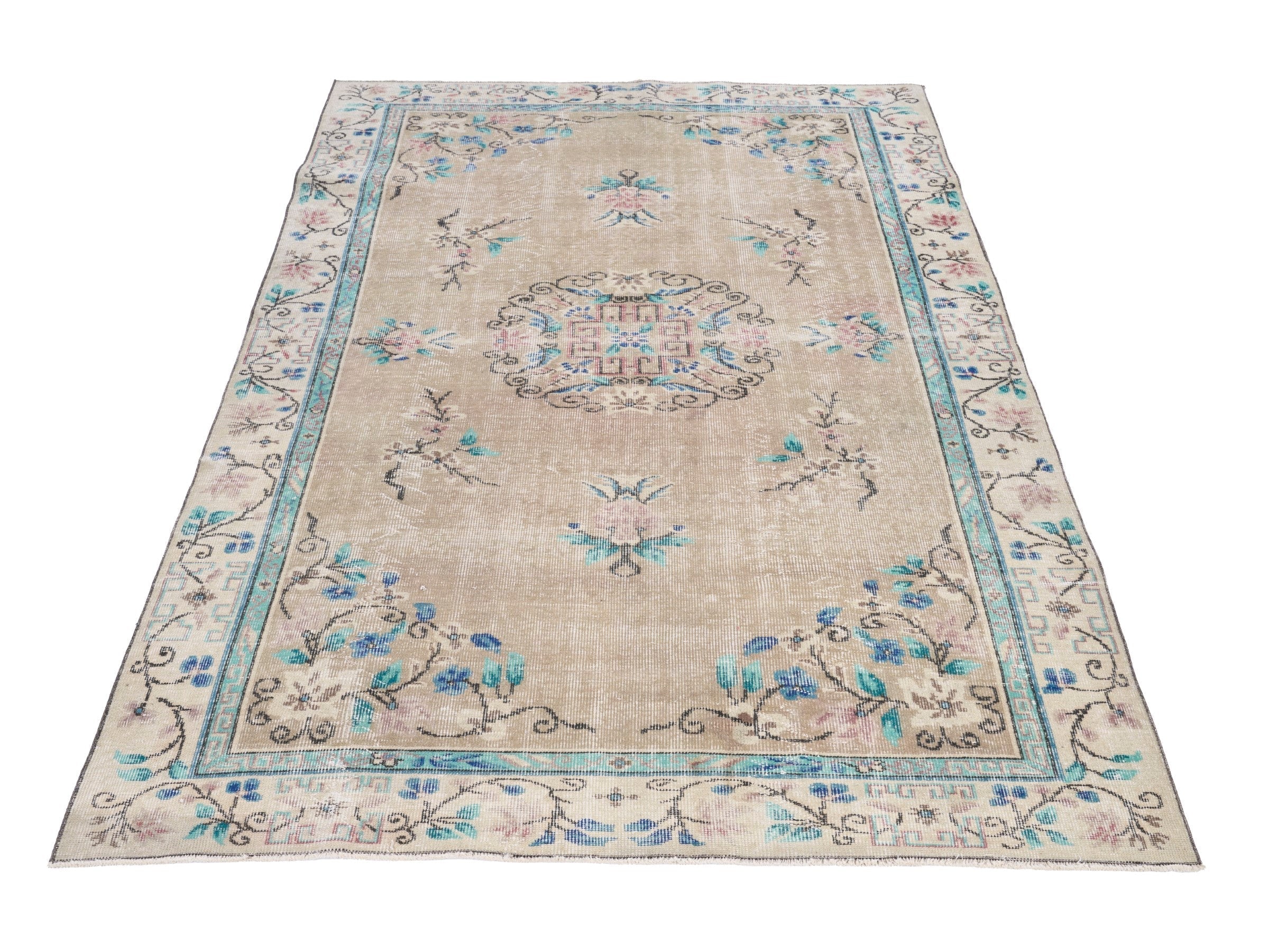 Turkish Isparta area rug in beige and muted pink, view 2 of 10
