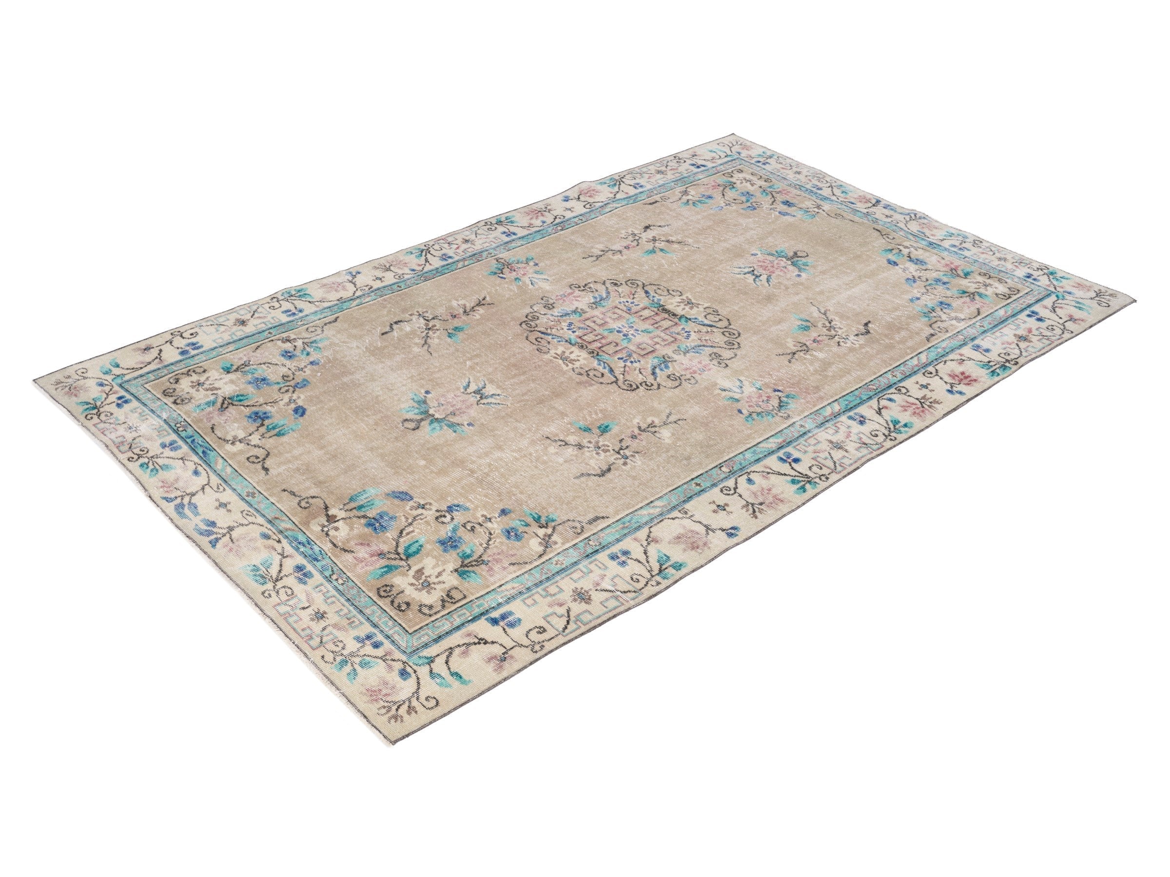 Turkish Isparta area rug in beige and muted pink, view 3 of 10