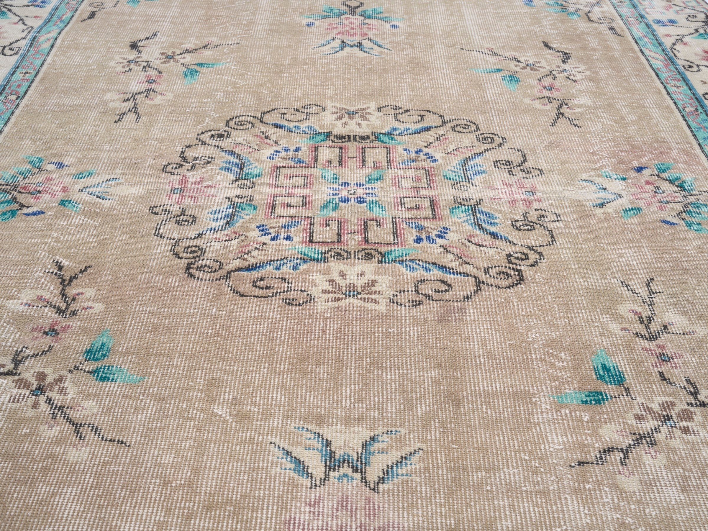 Turkish Isparta area rug in beige and muted pink, view 4 of 10