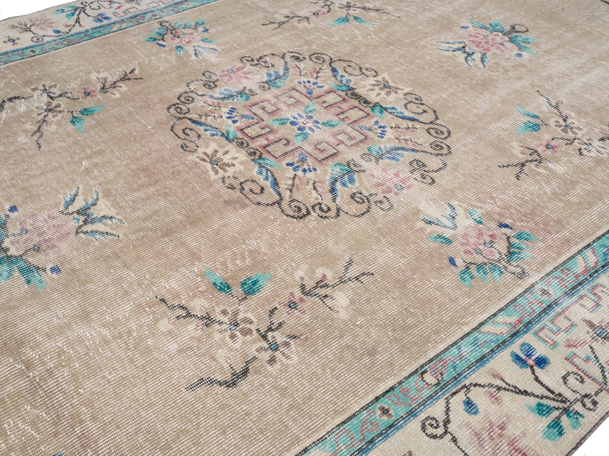 Turkish Isparta area rug in beige and muted pink, view 5 of 10