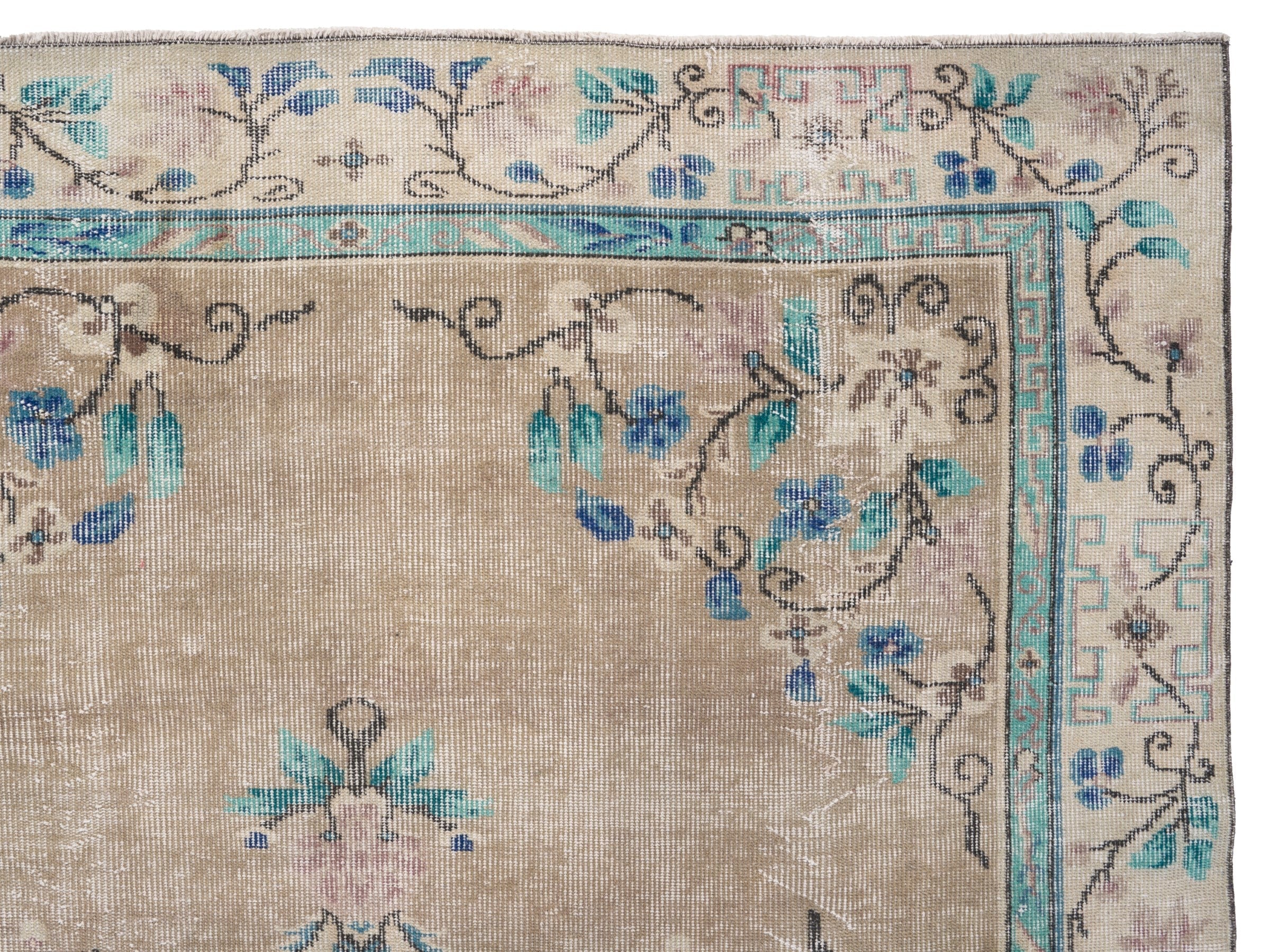 Turkish Isparta area rug in beige and muted pink, view 8 of 10