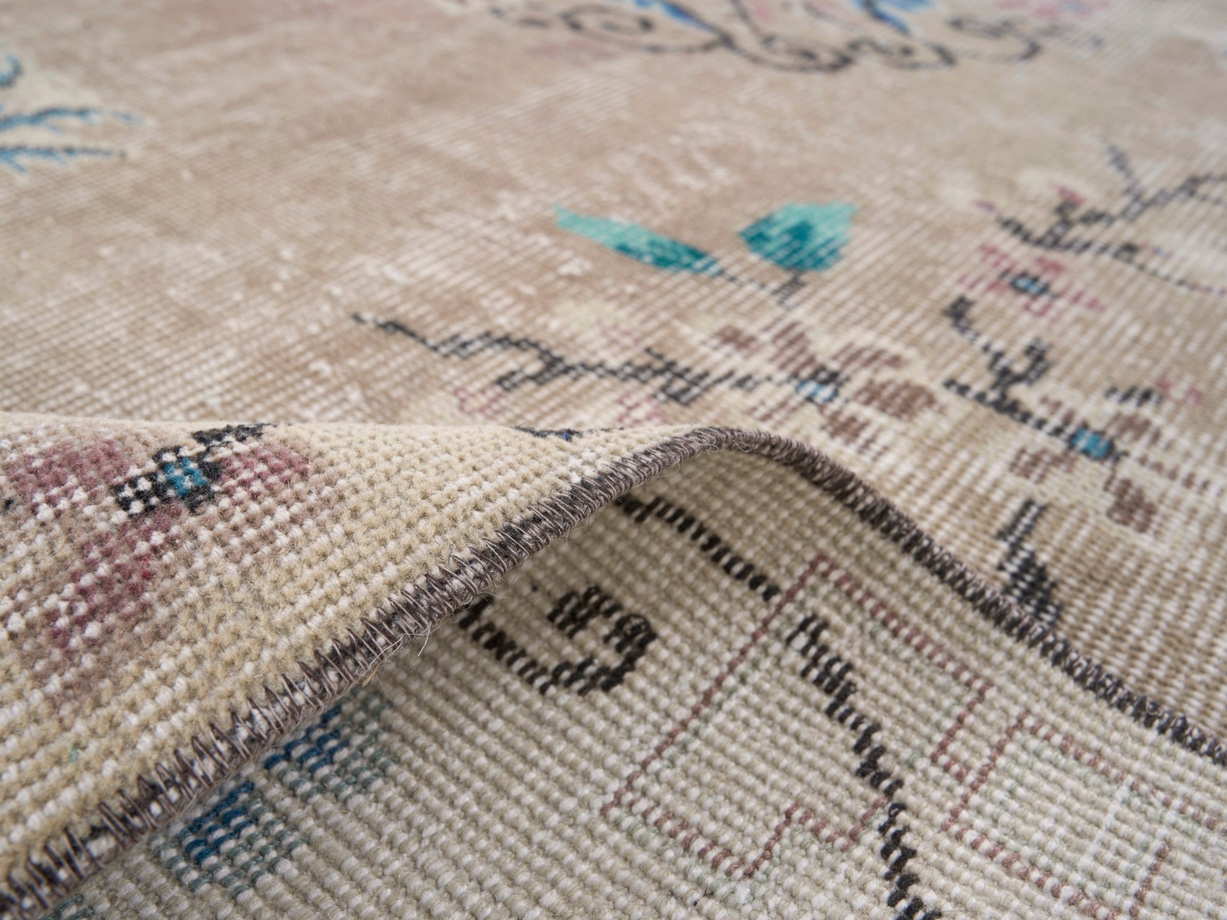 Turkish Isparta area rug in beige and muted pink, view 9 of 10