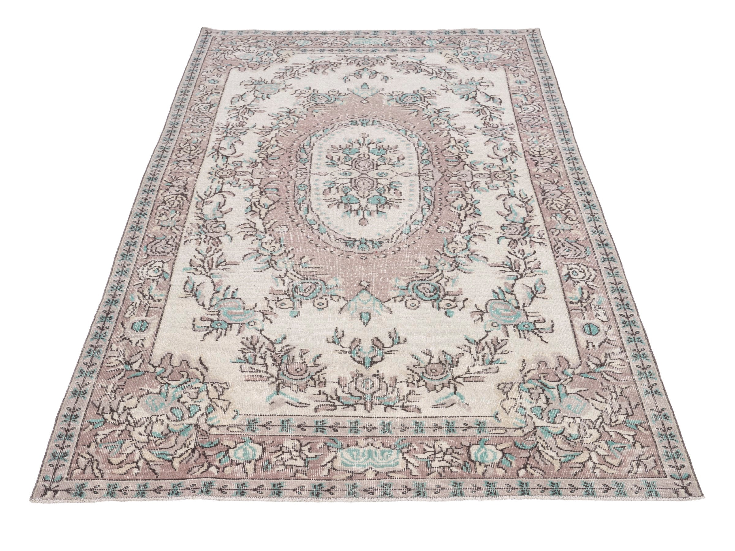 Turkish Isparta area rug in cream and dusty rose, view 2 of 10