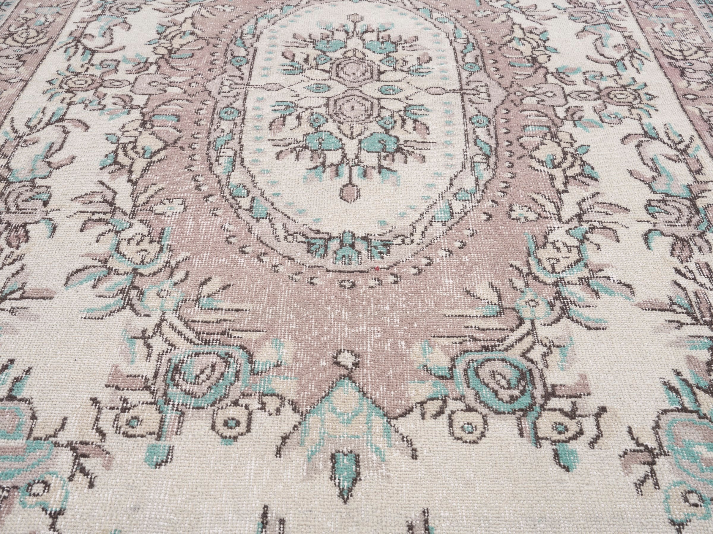 Turkish Isparta area rug in cream and dusty rose, view 4 of 10