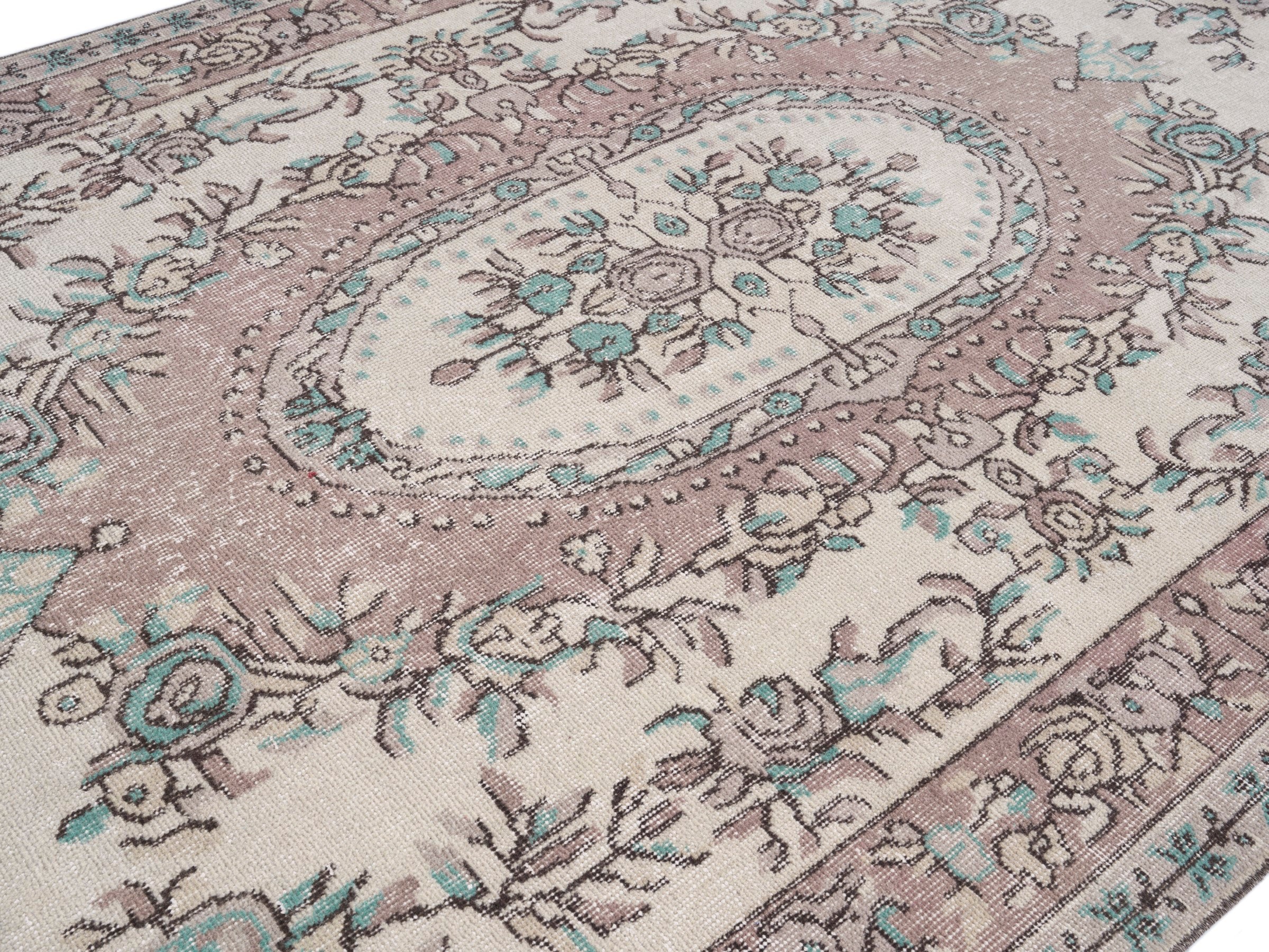 Turkish Isparta area rug in cream and dusty rose, view 5 of 10
