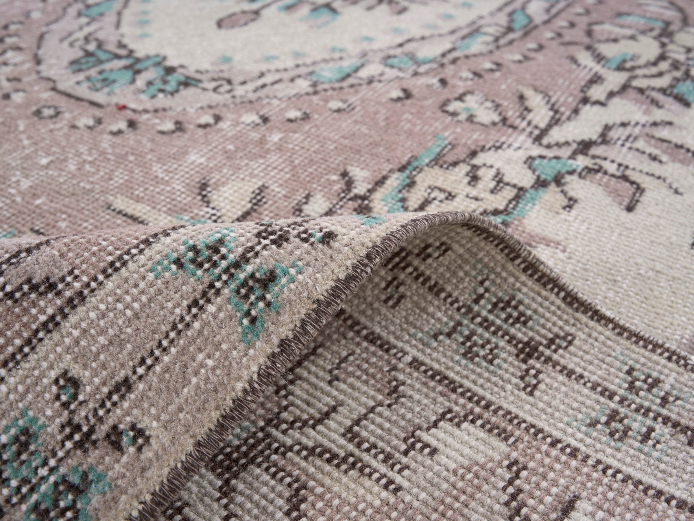 Turkish Isparta area rug in cream and dusty rose, view 9 of 10