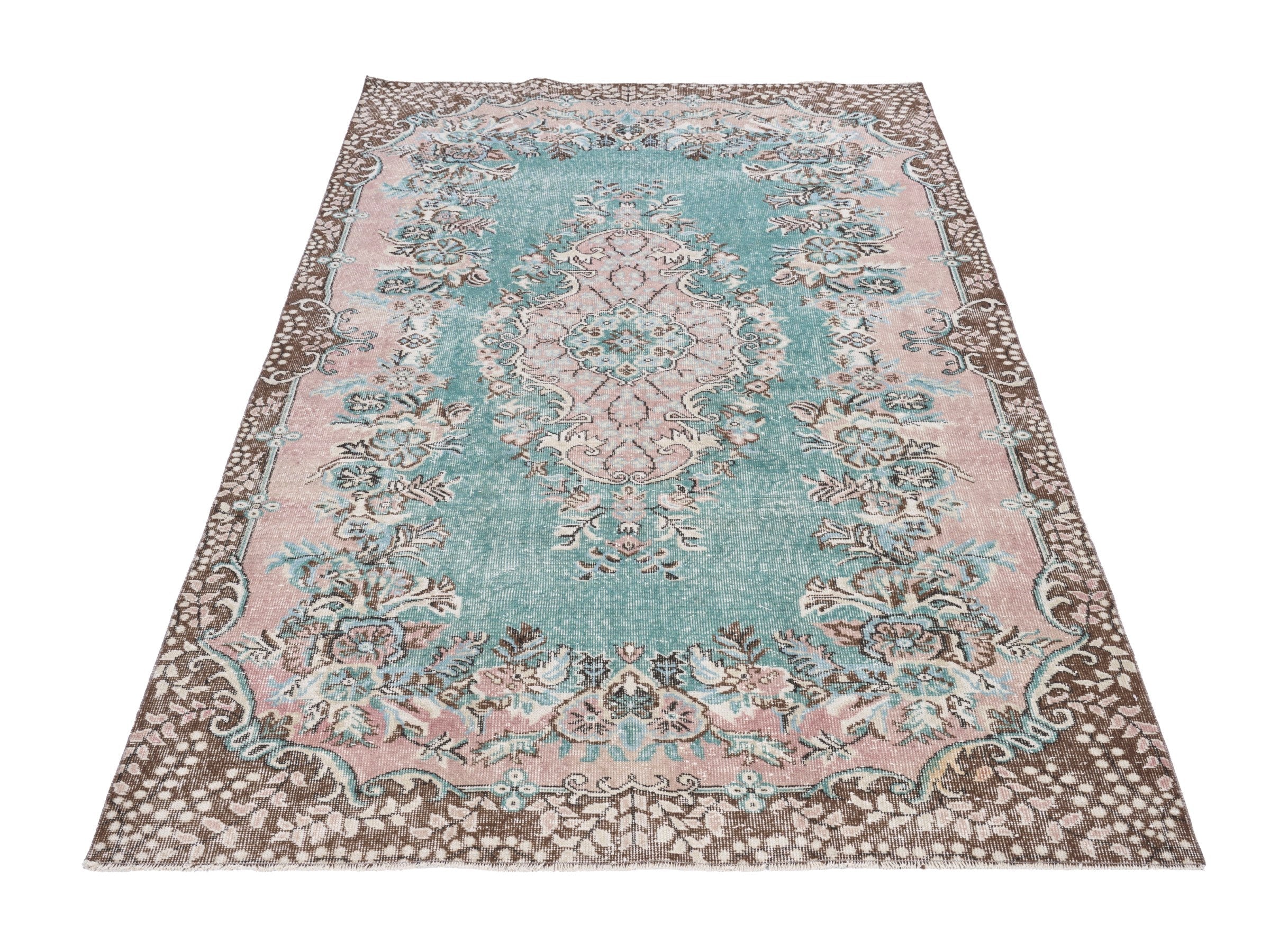 Turkish Isparta area rug in turquoise and muted pink, view 2 of 10