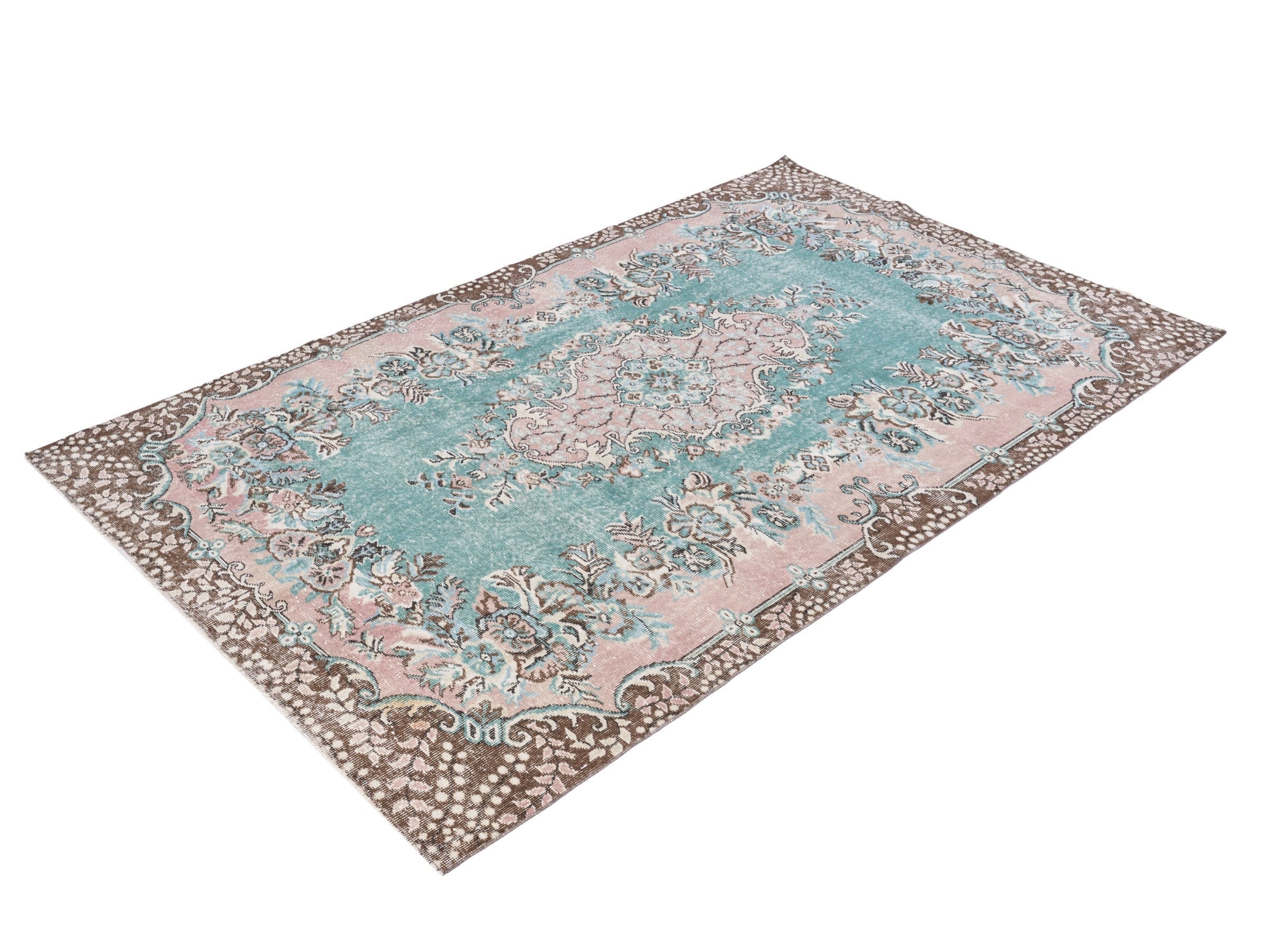 Turkish Isparta area rug in turquoise and muted pink, view 3 of 10