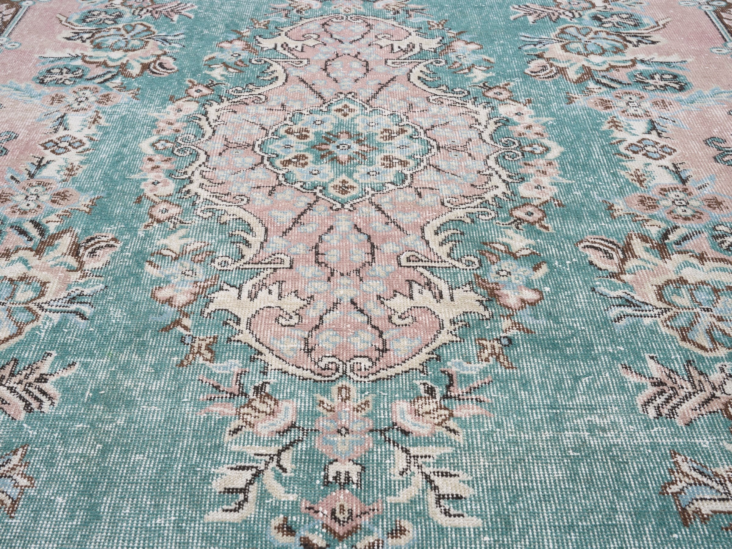 Turkish Isparta area rug in turquoise and muted pink, view 4 of 10