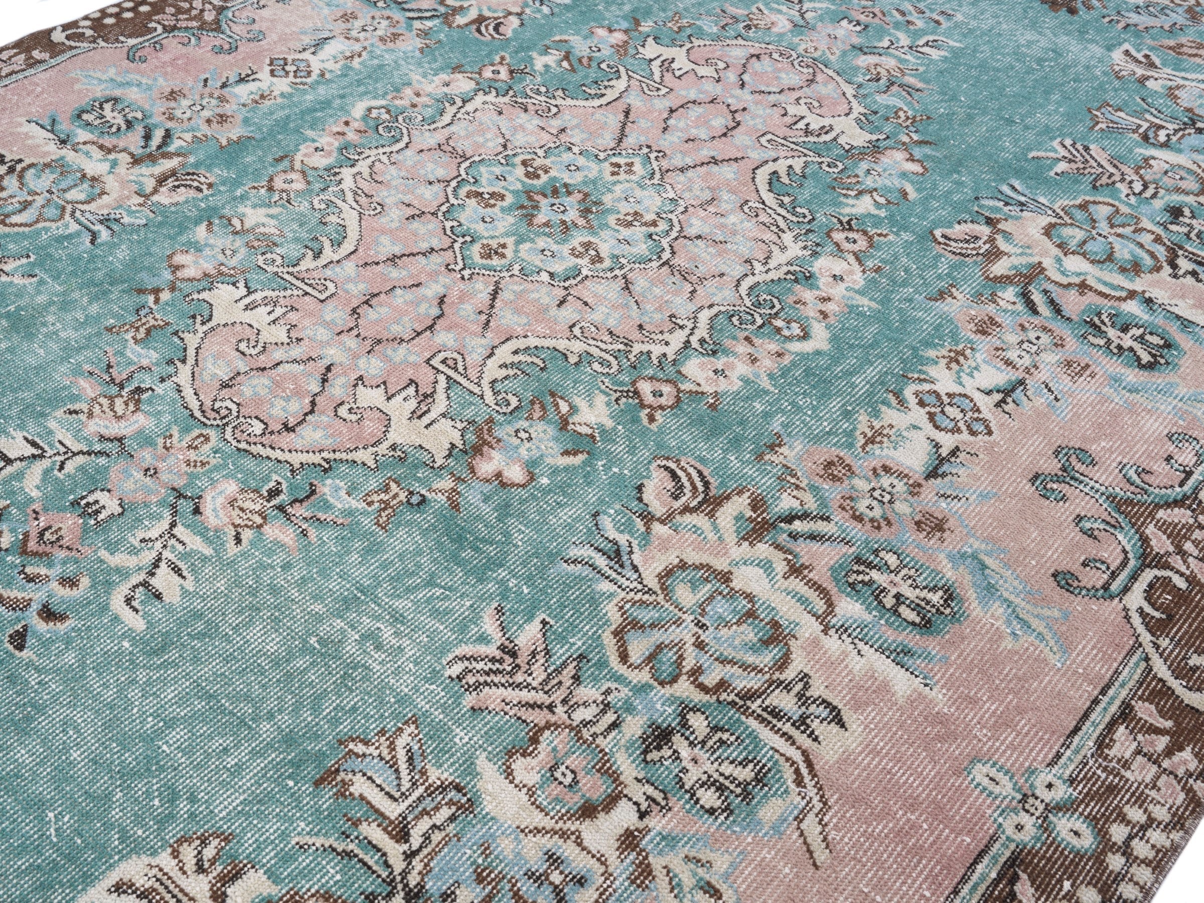 Turkish Isparta area rug in turquoise and muted pink, view 5 of 10