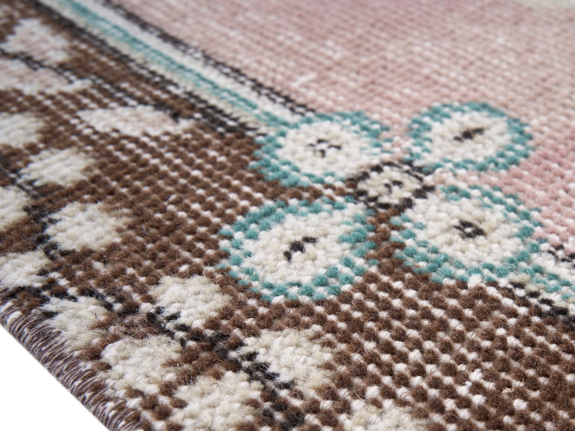 Turkish Isparta area rug in turquoise and muted pink, view 6 of 10