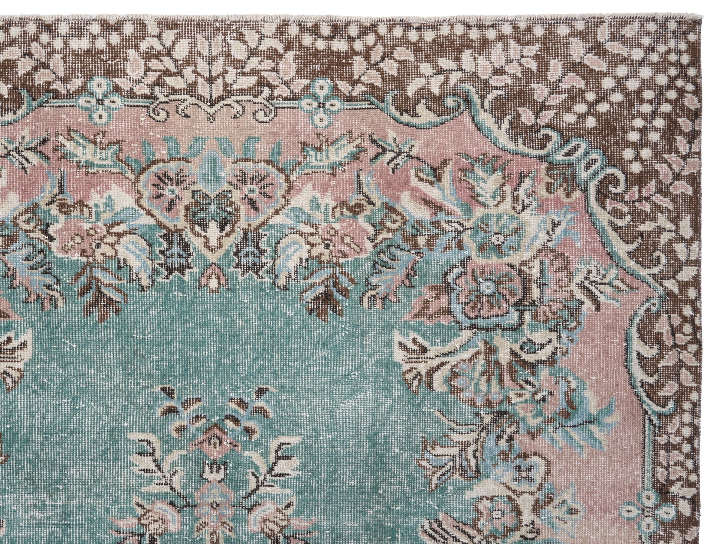 Turkish Isparta area rug in turquoise and muted pink, view 8 of 10