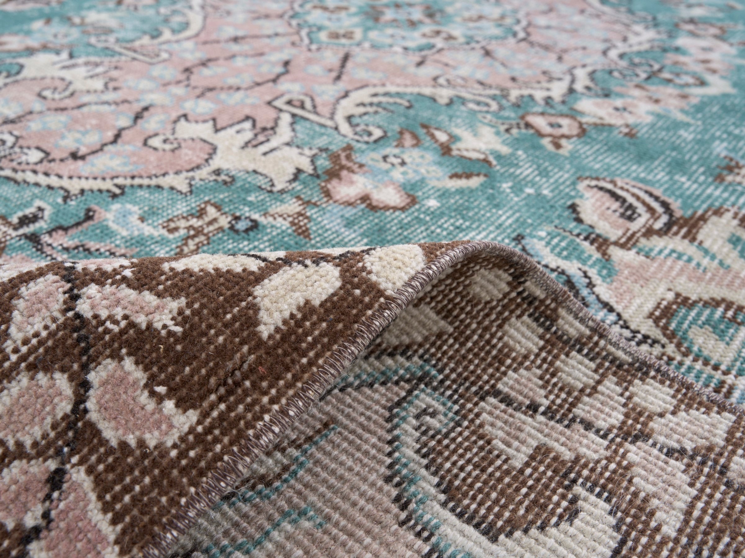 Turkish Isparta area rug in turquoise and muted pink, view 9 of 10
