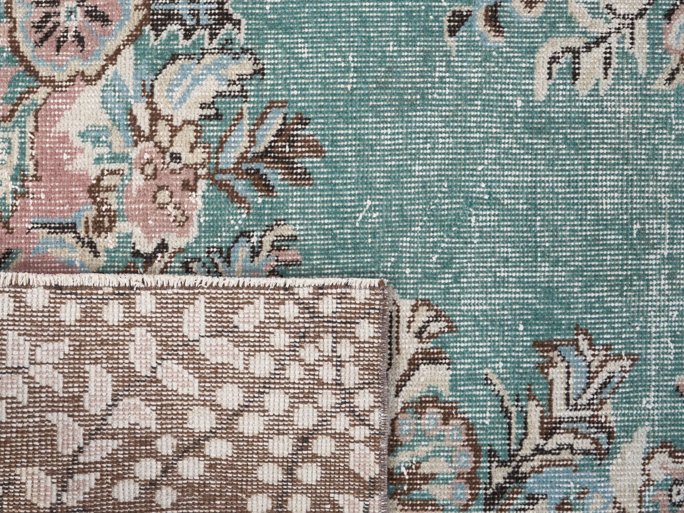 Turkish Isparta area rug in turquoise and muted pink, view 10 of 10