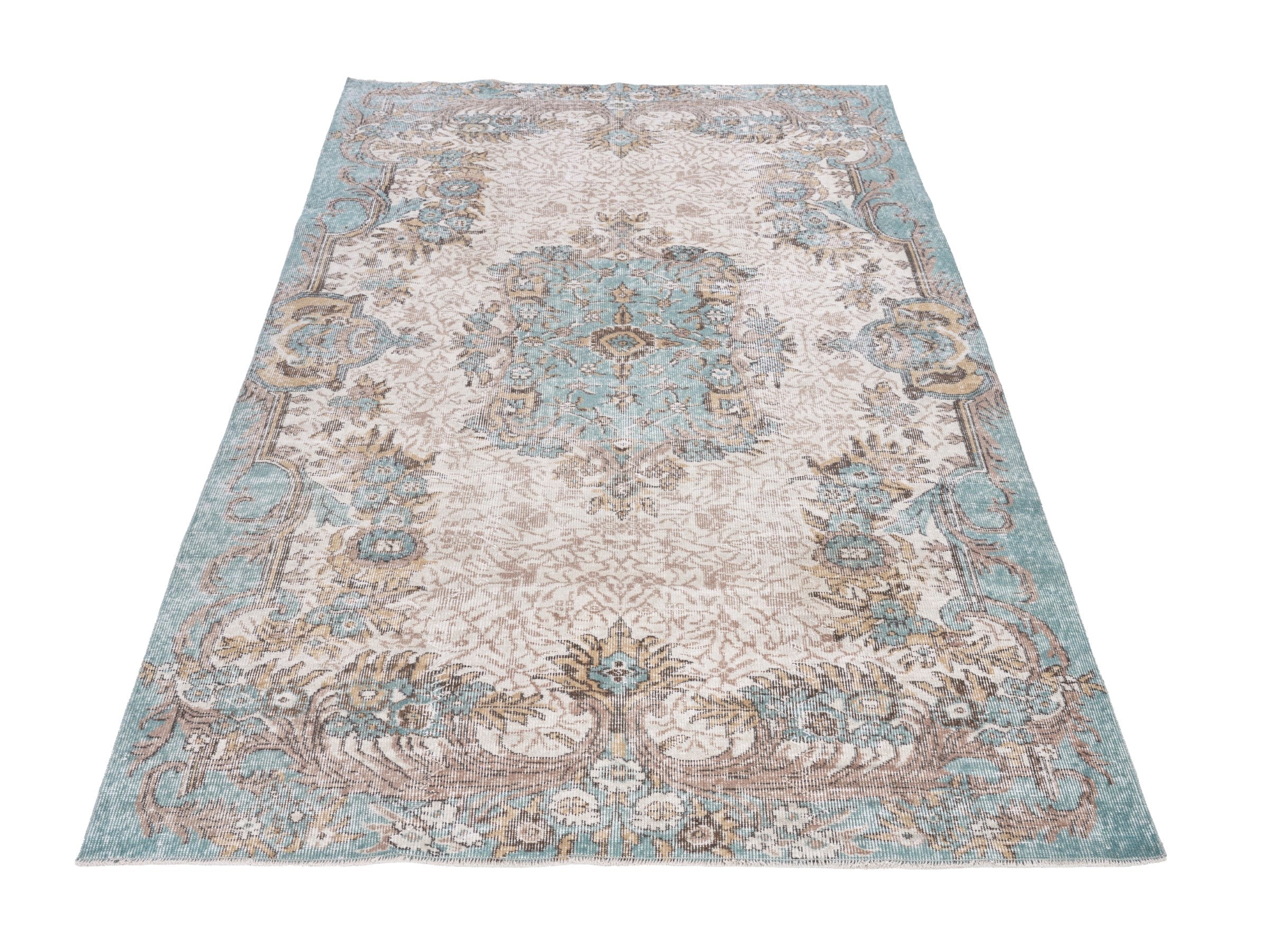 Turkish Isparta area rug in cream and turquoise, view 2 of 10