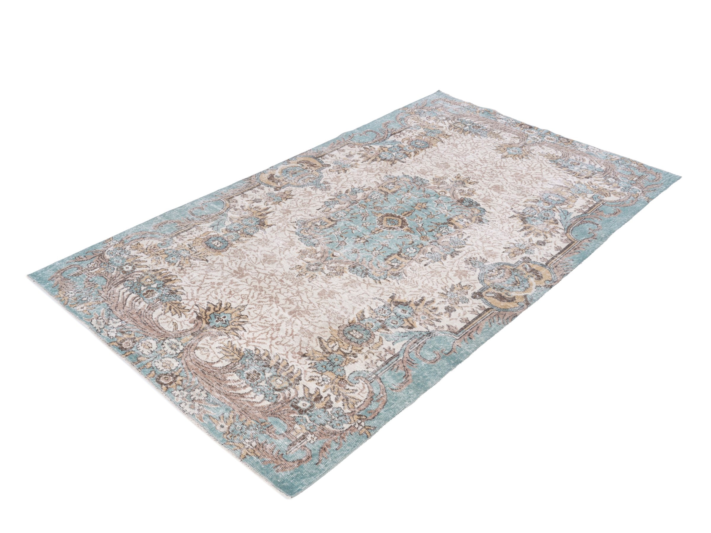 Turkish Isparta area rug in cream and turquoise, view 3 of 10