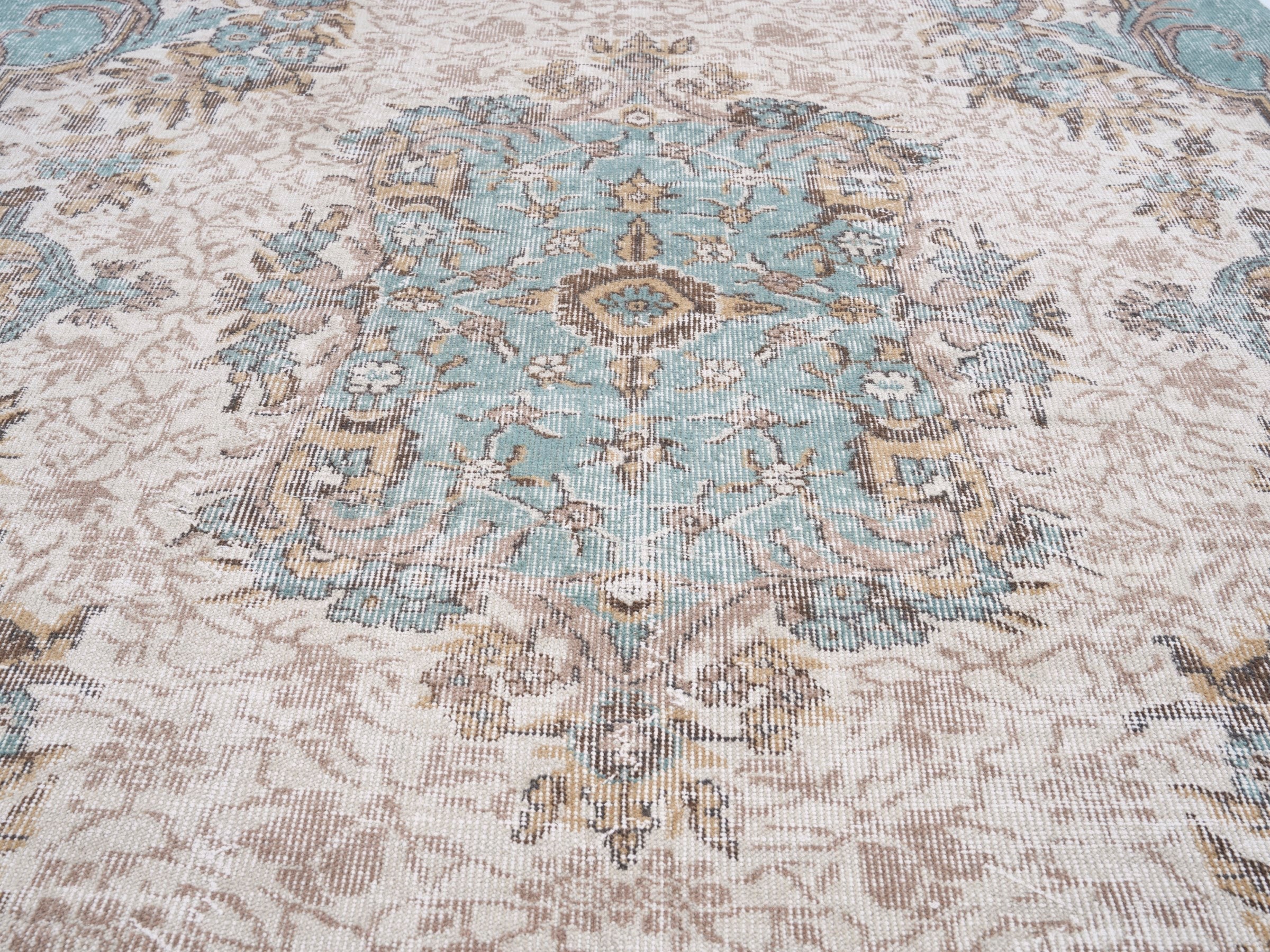 Turkish Isparta area rug in cream and turquoise, view 4 of 10