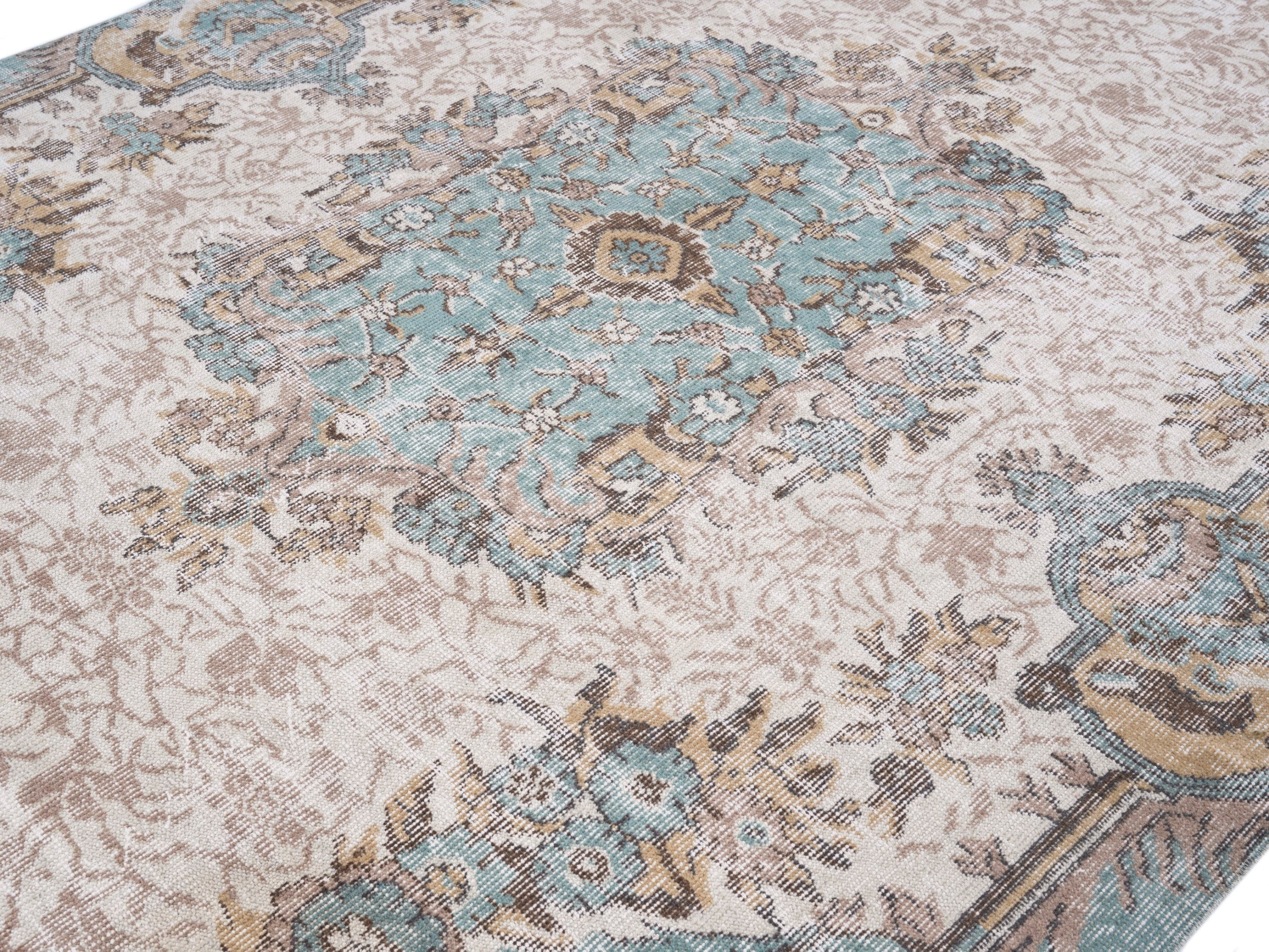 Turkish Isparta area rug in cream and turquoise, view 5 of 10