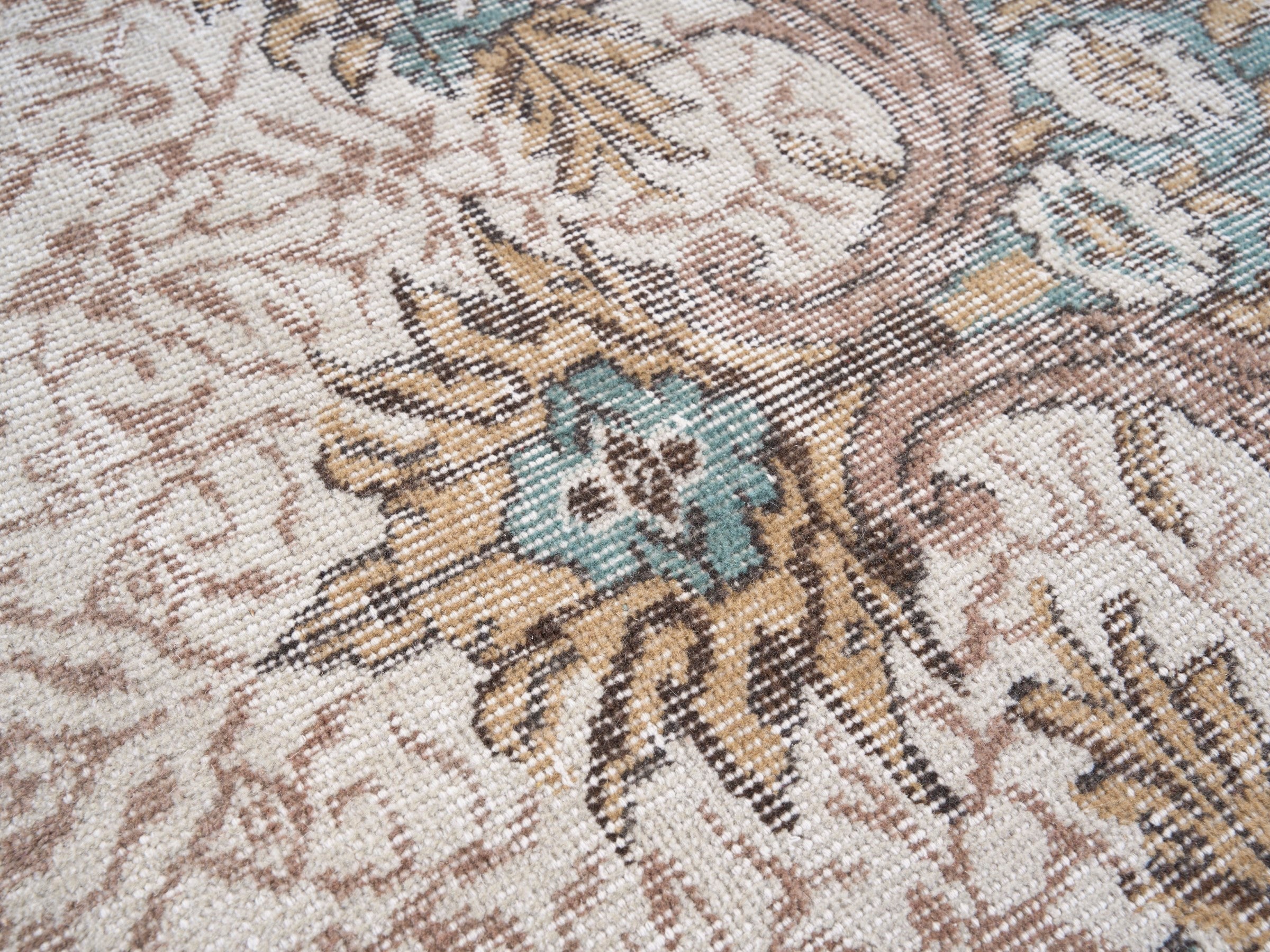 Turkish Isparta area rug in cream and turquoise, view 7 of 10