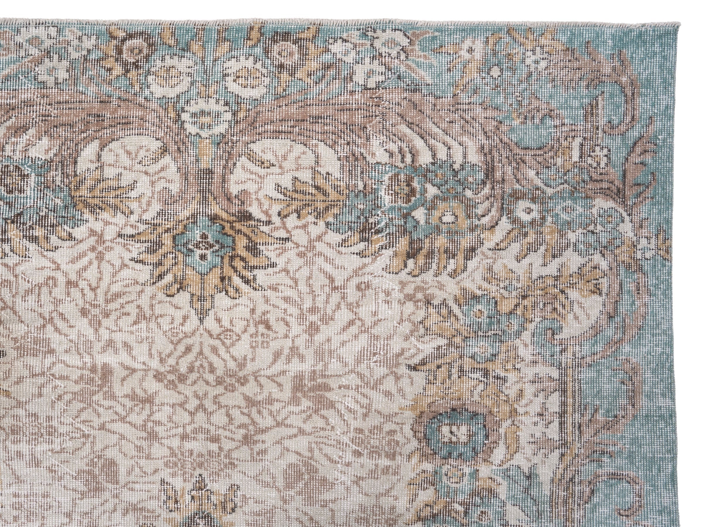 Turkish Isparta area rug in cream and turquoise, view 8 of 10