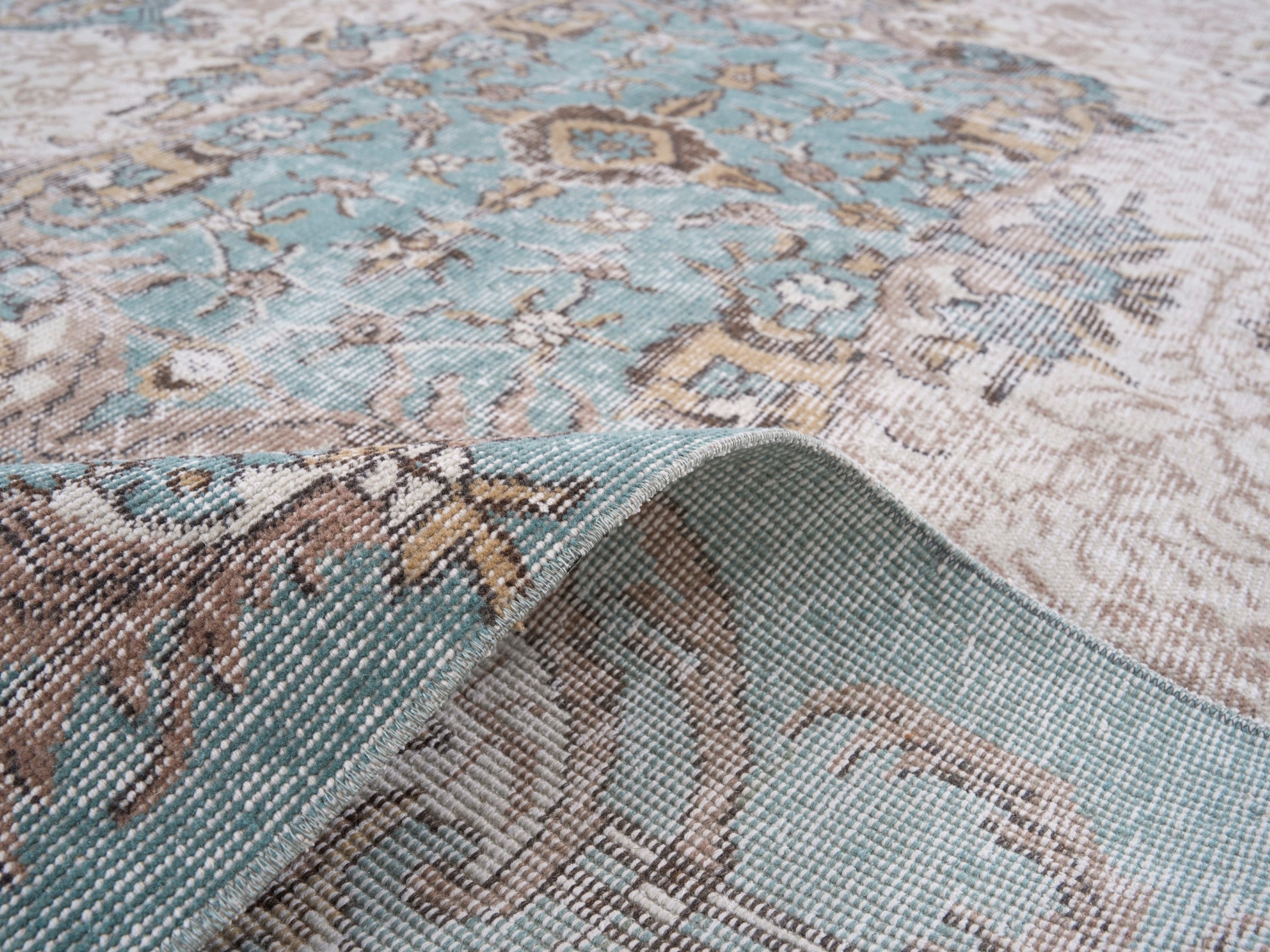 Turkish Isparta area rug in cream and turquoise, view 9 of 10