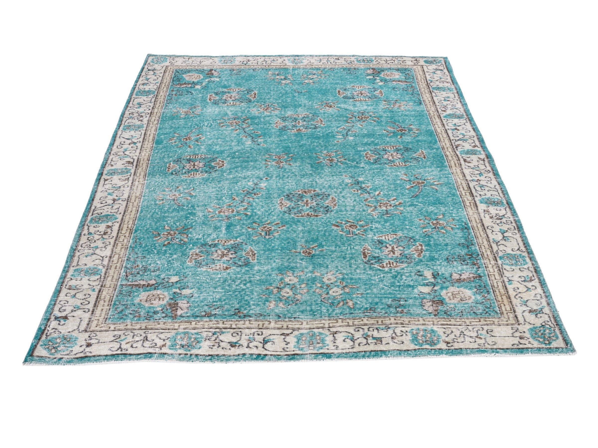 Turkish Isparta area rug in turquoise and cream, view 2 of 10
