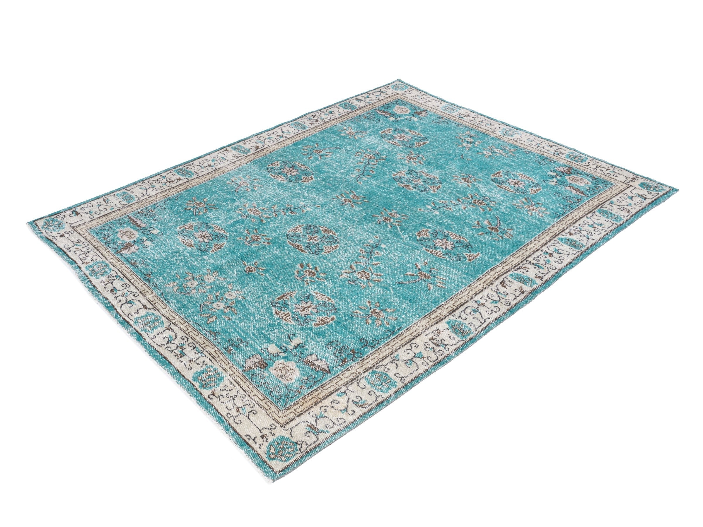 Turkish Isparta area rug in turquoise and cream, view 3 of 10